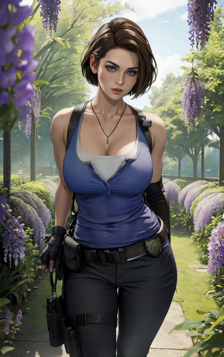 (masterpiece, best quality:1.4), insaneres, absurdres, solo, looking at viewer,BREAK 
GAME_ResidentEvil3Remake_JillValentine_ownwaifu, 
short hair, breasts, lips, brown hair, necklace, jill valentine, blue eyes, nose, dog tags, large breasts, collarbone, 
tank top, gloves, jewelry, fingerless gloves, pants, belt, holster, cleavage, shoulder holster, thigh holster, sleeveless, denim, pendant, bare shoulders, blue tank top, black pants, belt pouch, 
(leaning forward, arms behind back), cowboy shot, garden, wisteria, outdoors, <lora:GAME_ResidentEvil3Remake_JillValentine_ownwaifu:0.85> , depth of field