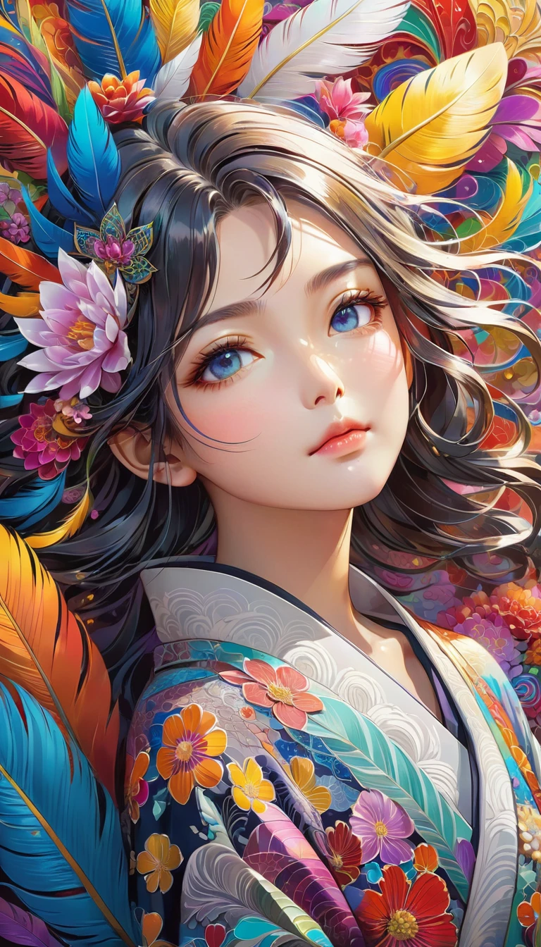 Zen painting illustration,anime art style,masterpiece,top quality,best quality,official art,beautiful and aesthetic,(1girl:1.2),extremely detailed,colorful,flowers,highest detailed,zentangle,abstract background,shiny skin,many colors,feathers,