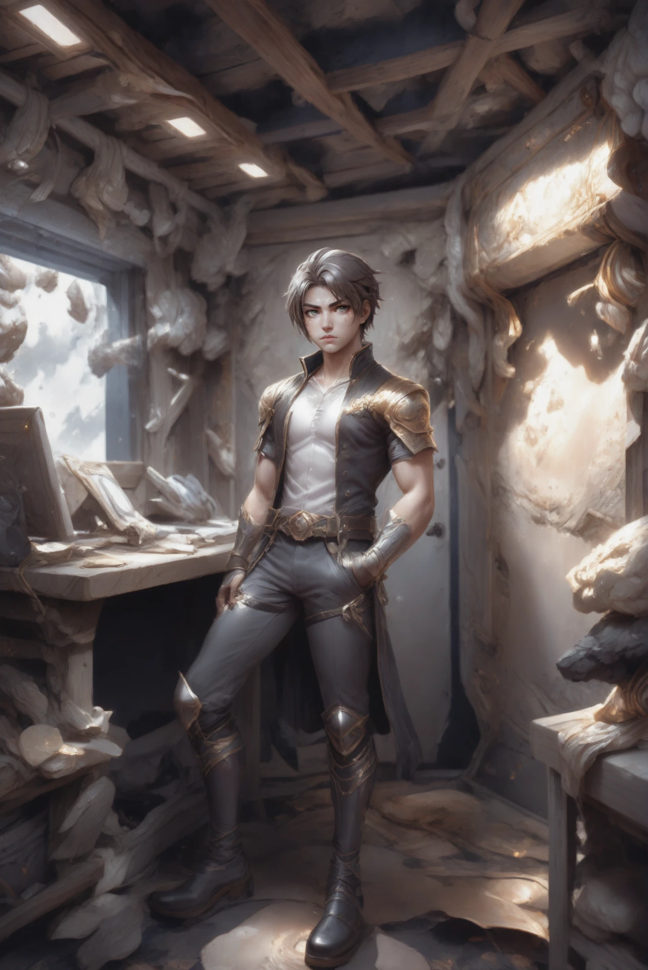 2.5D anime style, full body, character concept art, (full body:1.2), 1boy, man, handsome, solo, [:formal costume design,:0.2] beast tamer, (rusted leather bracers:1.4), chinese, iridescent saddlebrown hair, (athletic:1) build, Council Chamber \(room\) <lora:EnvyStarlightPearlescent01:1>