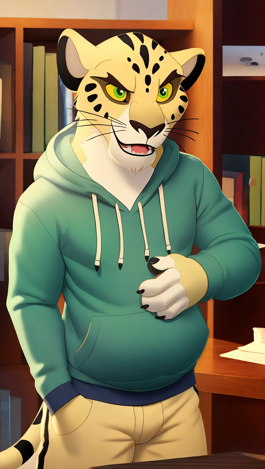 Solo <lora:D58397CFEF:0.9> anthro, leopard, Makucha,  perfect yellow sclera, perfect green eyes,  male, chubby,  realistic fur, perfect  long tail, in a office, realistic, photorealistic, ultra-realistic, 8k, perfect hands,   perfect  huge paws, perfect  big feet,  hoodie, shorts, by zackarry911, by zaush, (by personalami:0.7) (maple story:0.8), detailed background, hands on stomach, excited  smile,  blue shorts, grey hoodie