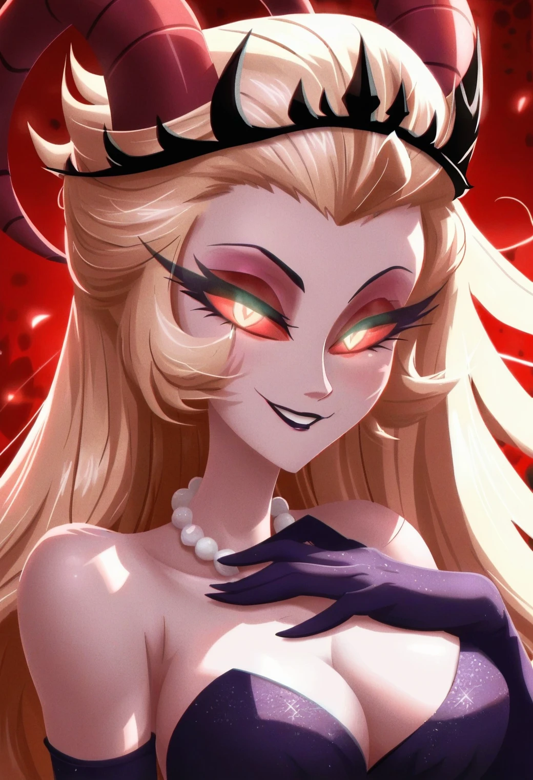1girl, <lora:lilith_hazbin_hotel_ponyxl_v2:1>, lilith, solo, half-closed eyes, looking at viewer, red background, hand on own chest, cleavage, close-up, upper body, red sclera, glowing eyes, seductive smile, parted lips, teeth, heart, purple dress, strapless dress, purple elbow gloves, demon horns, red horns, black crown, pearl necklace, yellow eyes,
BREAK
score_9, score_8_up, score_7_up, score_6_up, film grain