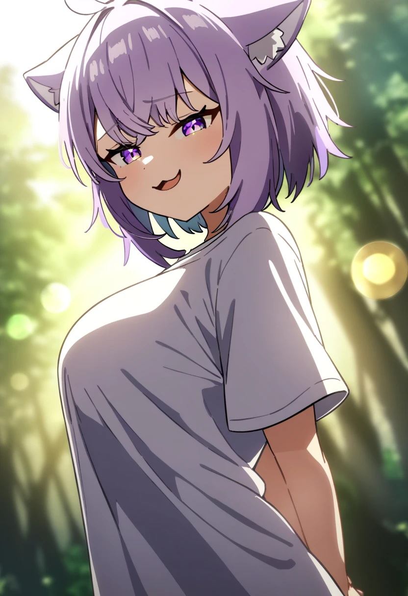 1girl, nekomata okayu, hololive, anime coloring,
short hair, purple hair, purple eyes, gradient eyes, open mouth, smug, white shirt, t-shirt, shirt overhang, cat ears, large breasts, arms behind back, 
forest, lens flare, 
masterpiece, best quality, very aesthetic, absurdres,