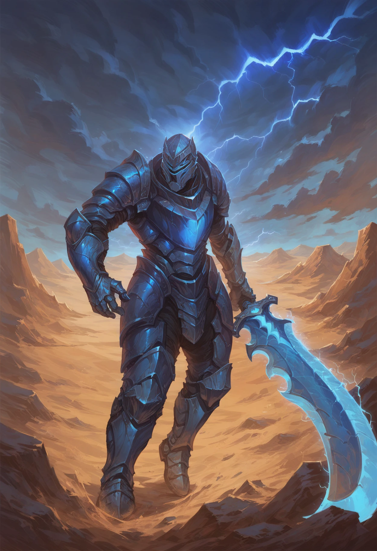 (score_9_up, score_8_up:1.2), score_7_up, shardblade, shardplate, glowing blue sword, sword, (glowing blue armor), helmet, glowing blue light, desert, storm, blue lightning, <lora:Shardplate__Shardblade:0.6>