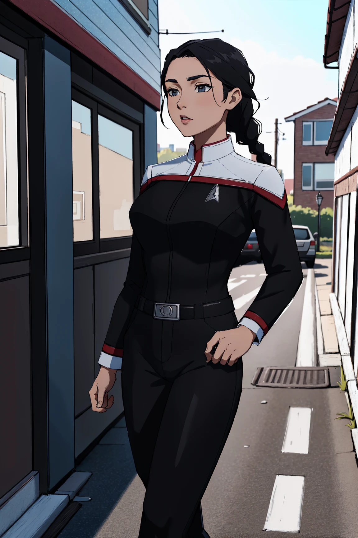 woman wearing Stoddunf uniform,black uniform chest,white uniform shoulders,black long sleeves,black pants<lora:OdysseyUnf:0.8> walking down the street,braided hair, 8k uhd, dslr, soft lighting, high quality, film grain,masterpiece quality,Fujifilm