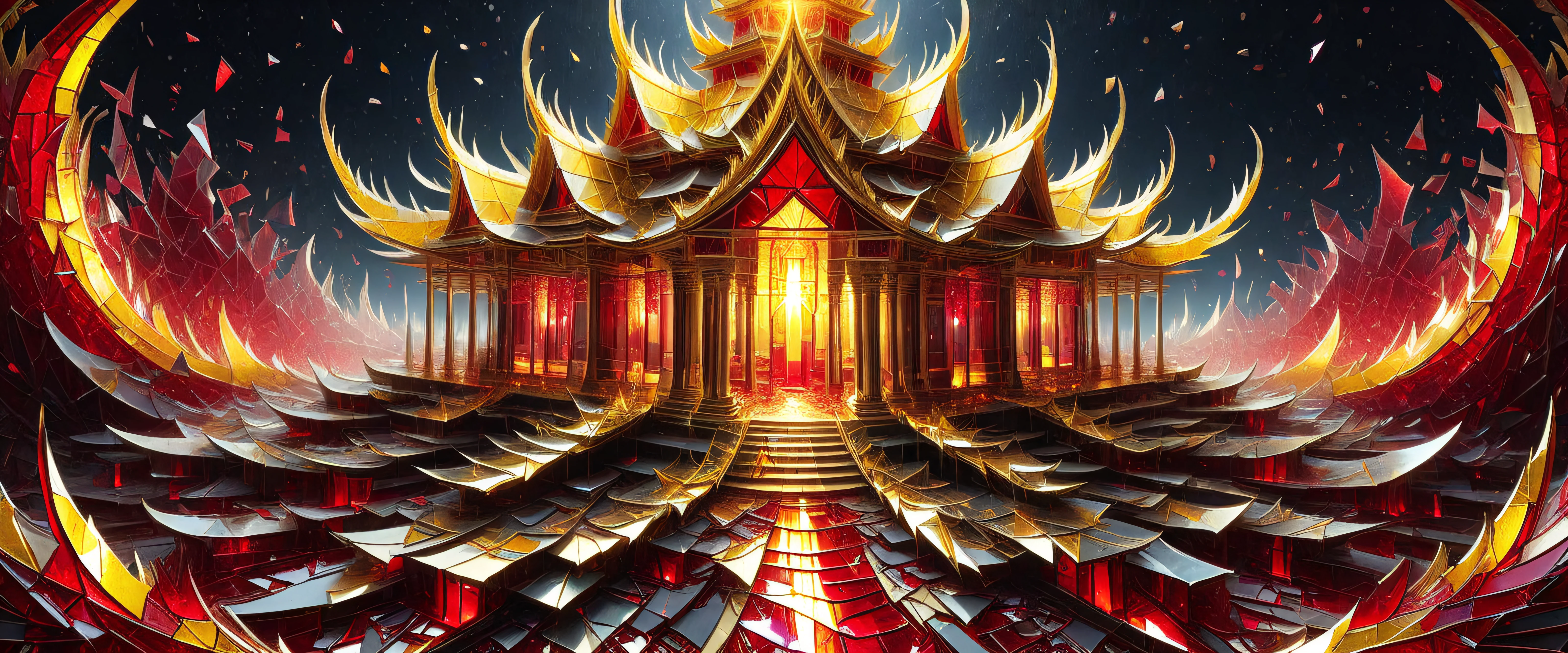 A moonlit temple at night made of gold and red shattered glass, detailed, masterpiece, high detailed, high quality, masterpiece, realistic, fantasy