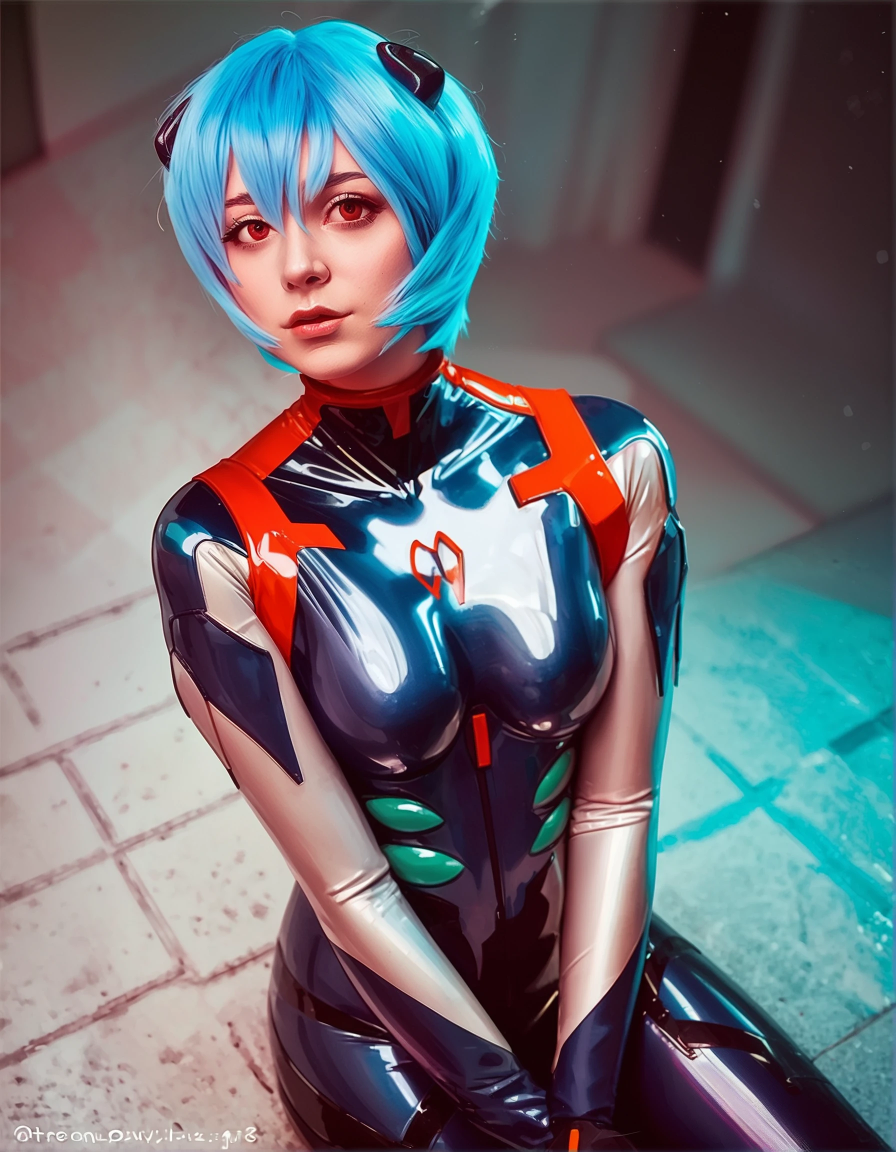 score 9, score 8 up, score 7 up, score 6 up, score 5 up,
1girl, solo, rei ayanami, latex, plugsuit, blue hair, short hair, red eyes, intricate details, detailed, shiny hair, sitting, facing viewer, 