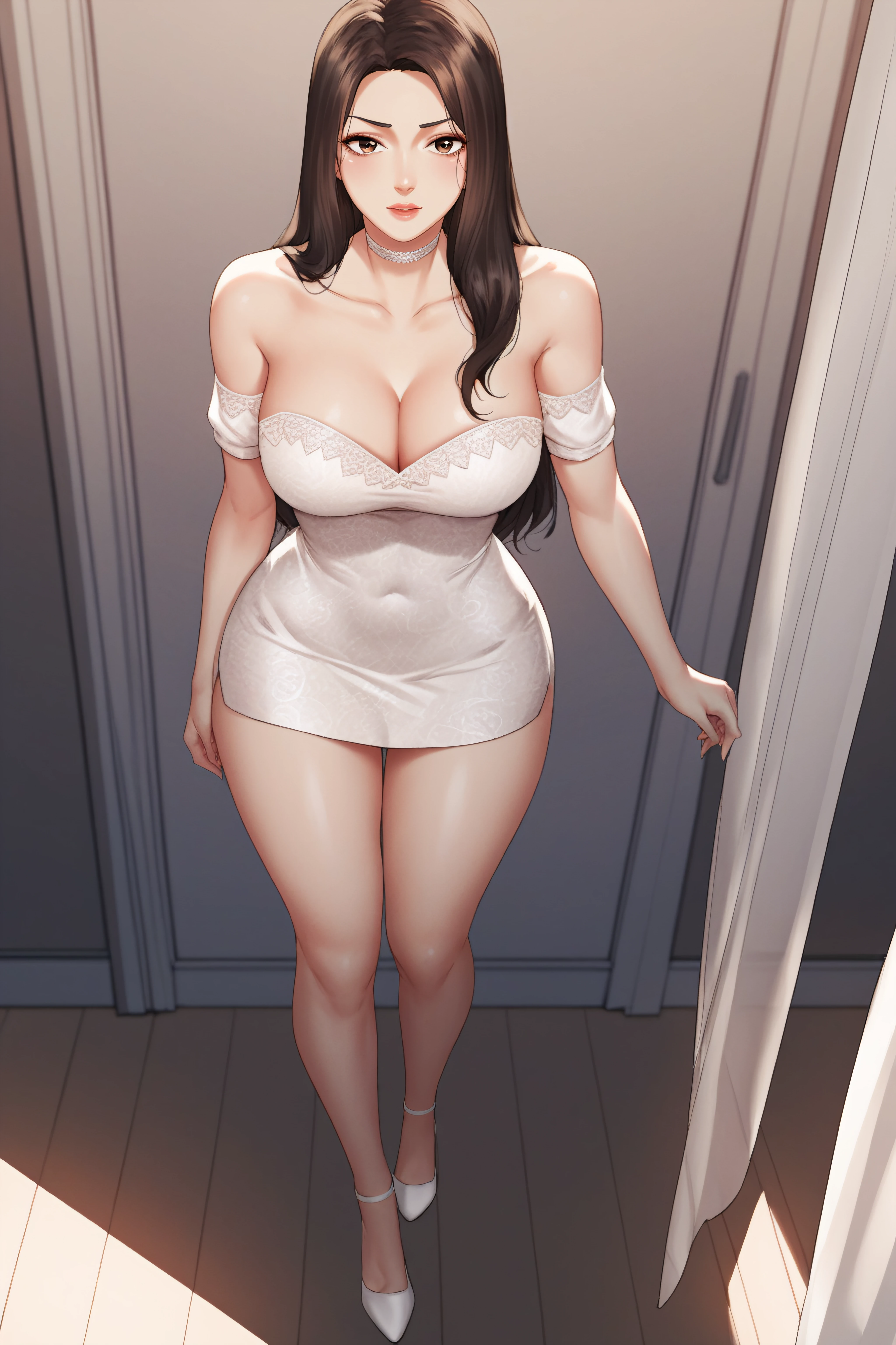 score_9, score_8_up, score_7_up, <lora:Jungyeon-PonyXL-lora-Faxtron:0.8> jungyeon, long hair, white short dress, cleavage, bare shoulders, collarbone, thighs, white choker, strapless, white high heels, standing,