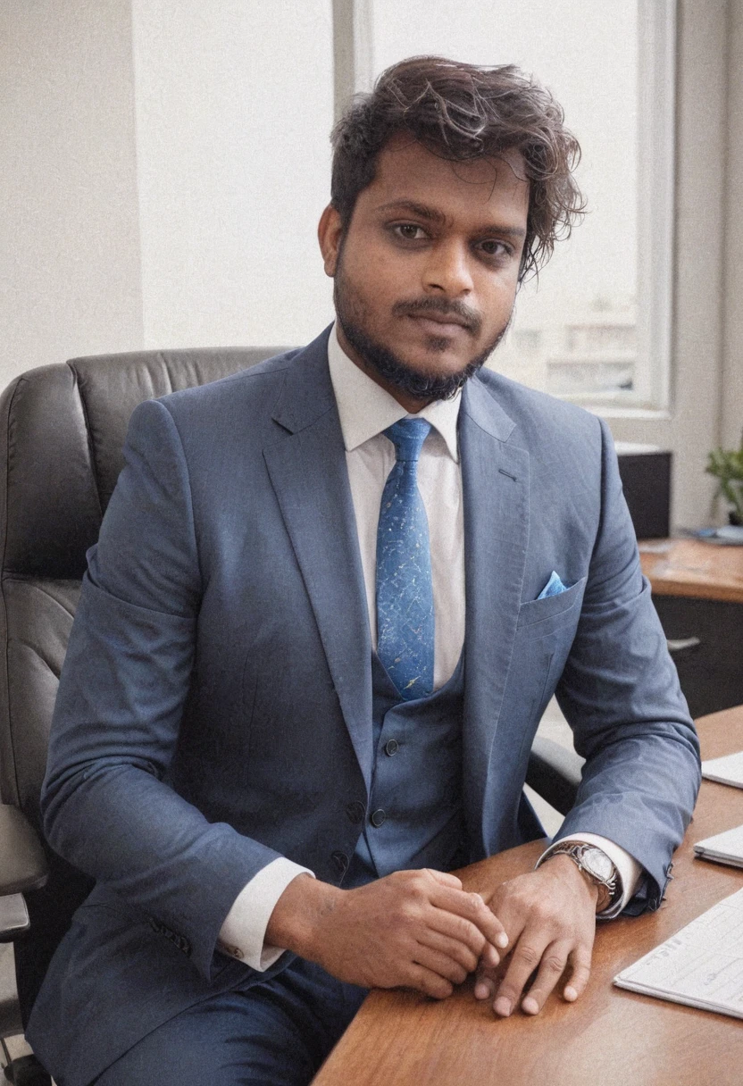 handsome tamil man, daddy, grey and black hair, blue eyes, business suit, opulent office, desk, chair