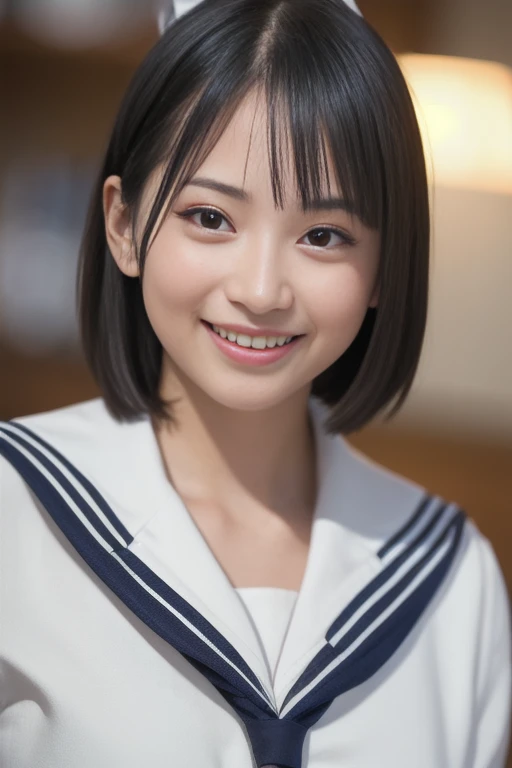 1girl,(RAW photo, best quality), (realistic, photo-realistic:1.4), masterpiece, an extremely delicate and beautiful, extremely detailed, 2k wallpaper, Amazing, finely detail, extremely detailed CG unity 8k wallpaper, ultra-detailed, highres, soft light, beautiful detailed girl, extremely detailed eyes and face, beautiful detailed nose, beautiful detailed eyes,cinematic lighting,perfect anatomy,
(wearing a sailor uniform:1.2),bokeh,short hair,
(at a school:1.3),looking at viewer,young japanaese idol,
(smile:1.2), <lora:sakuraihina_lora-01:1.2>