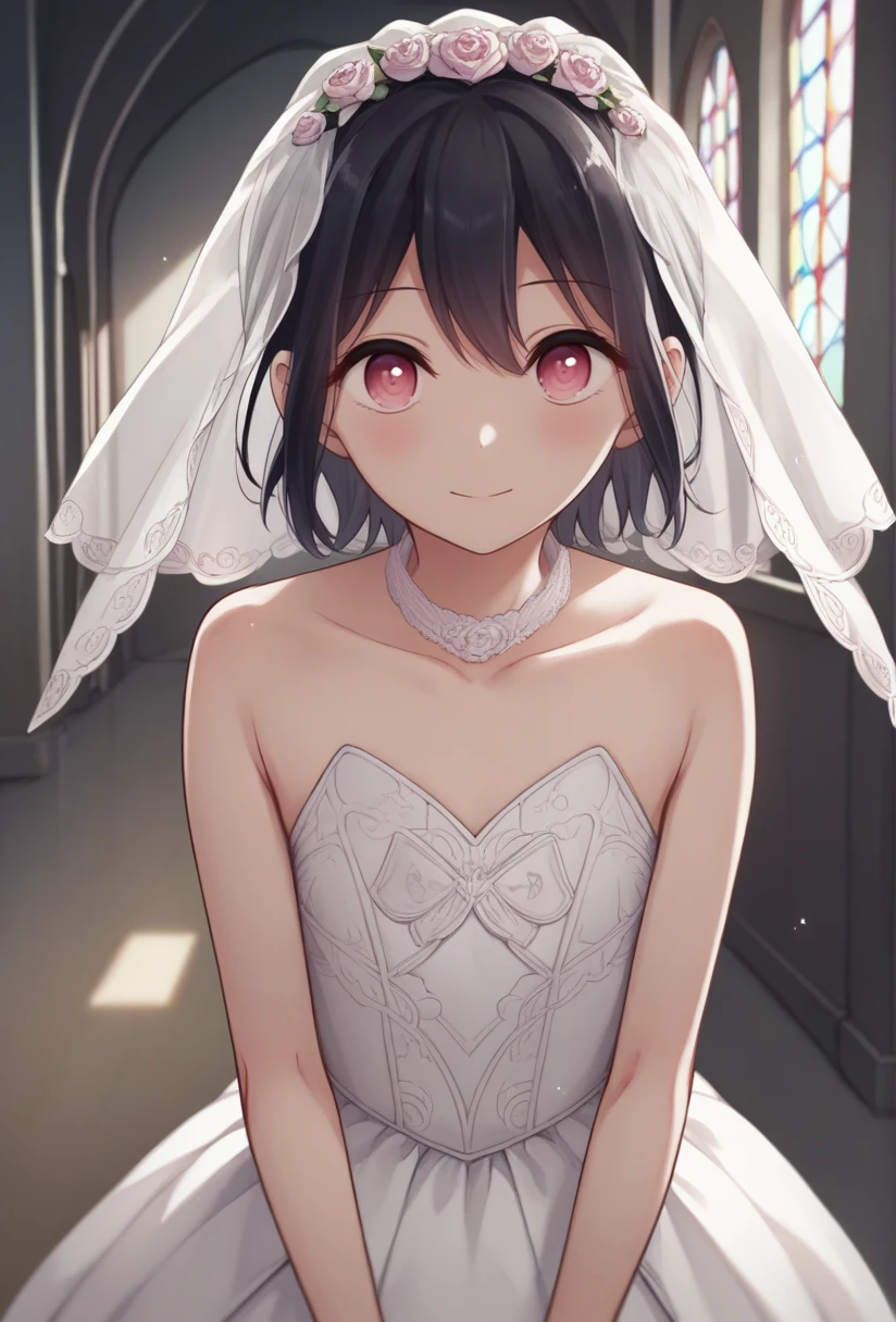 score_9, score_8_up, score_7_up, source_anime, 1girl, solo, hiura, flat chest, black hair, pink eyes, wedding dress, bridal veil, standing, portrait, light smile, looking at viewer, from front, pov, indoors, chapel, <lora:hiura_SDXL-06:1>