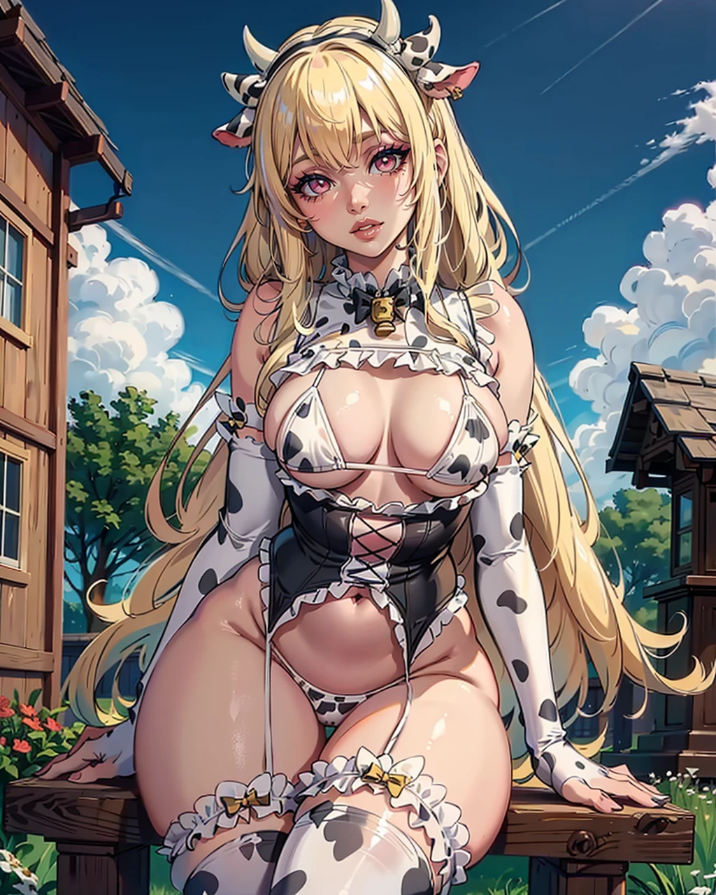 <lora:MoeFlavorCowMaidLingerie-v1-000002:1.0>  smile, thighs long (blonde hair:1.1), outside,
a woman wearing moeflavorcowmaidlingerie, bangs,
 <lora:AikaBody-v5:0.3> A1ka