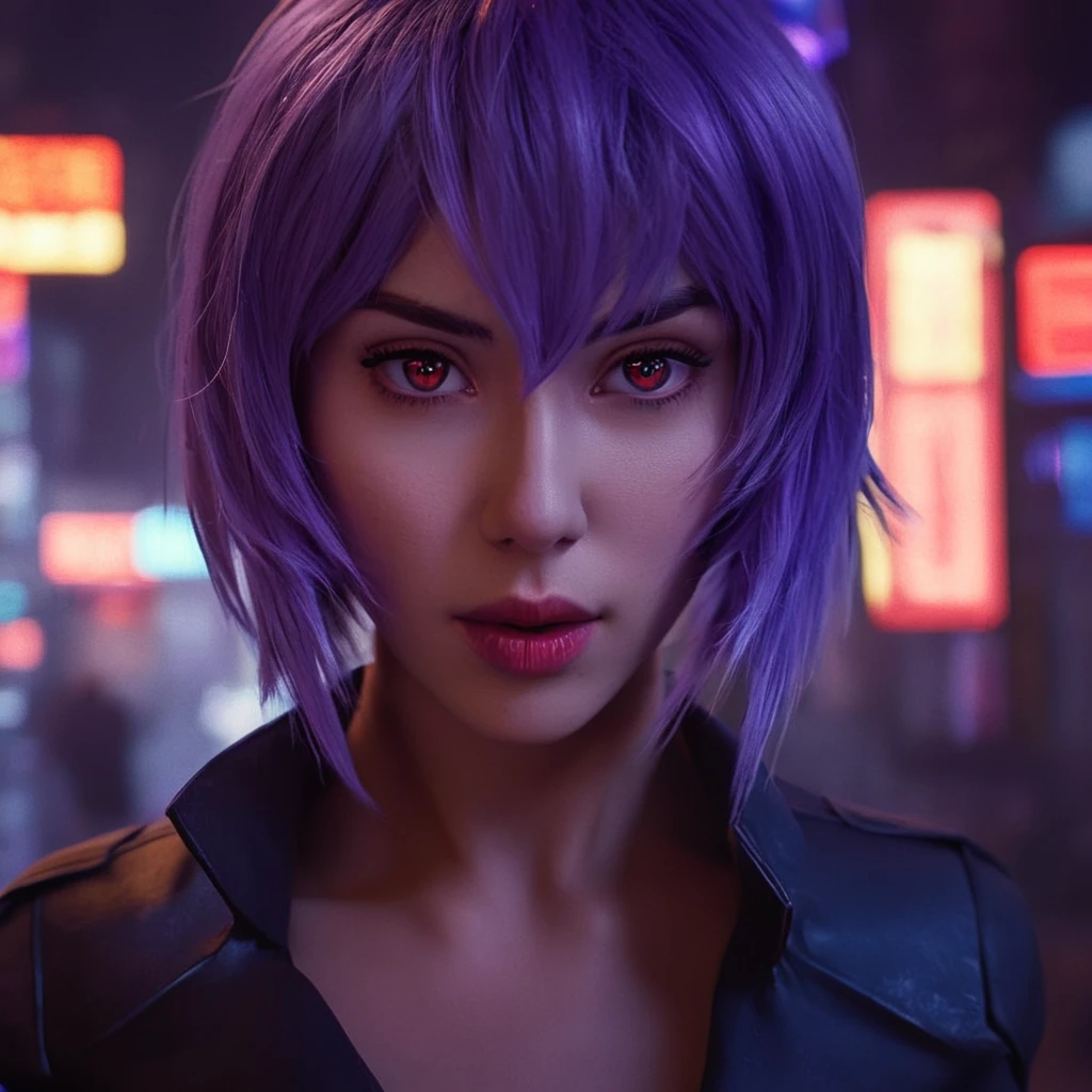 cinematic film still of  <lora:perfection style:0.3> perfection style
 <lora:Unreal Engine style:0.4> Unreal Engine style
 <lora:Ghost in the Shell style:0.8>
a surprised looking crazy woman with purple hair and a mask on,1girl,solo,looking at viewer,short hair,red eyes,purple hair,parted lips,teeth,blurry,lips,mask,night,science fiction,city,android,cyborg,city lights,cyberpunk,kusanagi motoko , detailed, different, real, unique, cinematic, dramatic, concept art, filmic, perfect, high quality, shallow depth of field, vignette, highly detailed, high budget, bokeh, cinemascope, moody, epic, gorgeous, film grain, grainy