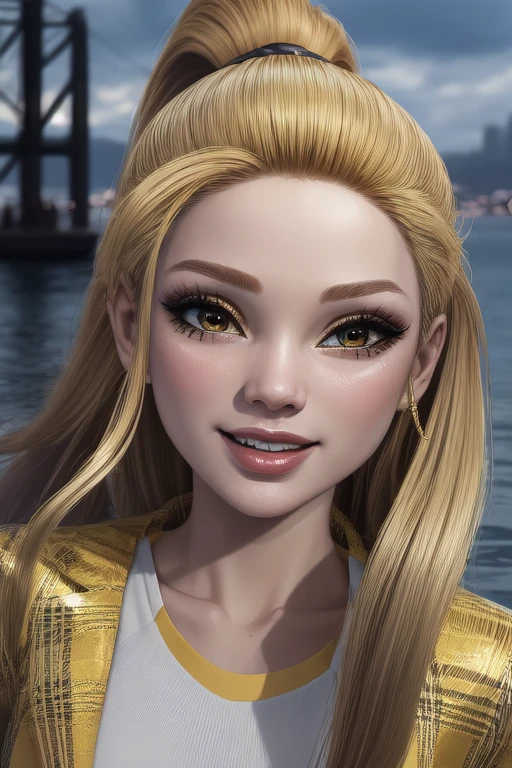 Sheryl_Meyer_RHPCH, yellow hair, yellow eyes, yellow eyeshadow, ponytail, harbor in background, simple coastal background, looking at viewer, slight close-up