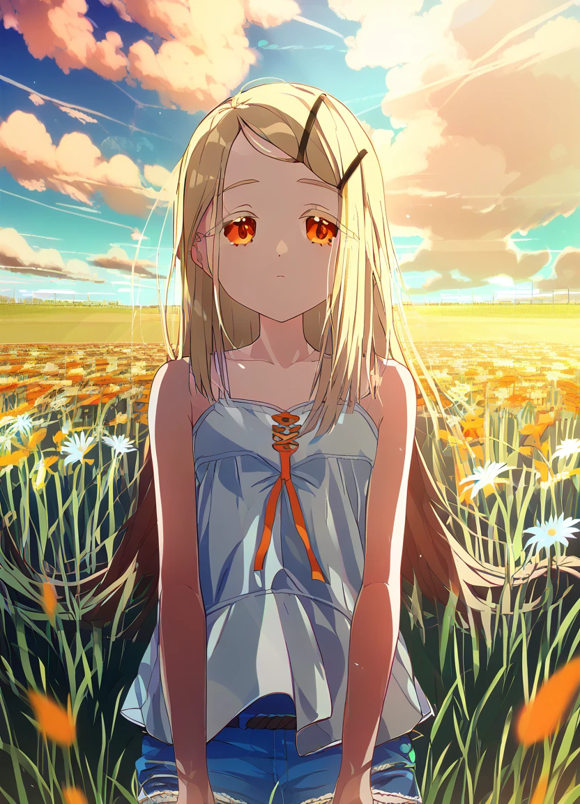 1girl, solo, blonde hair, long hair, orange eyes, hairclip, 
white camisole, denim shorts, 
outdoors, flower, grass, cloudy sky, 
 <lora:shinosawa_hiro:1> <lora:scomp_lora_v0.3.0:1>