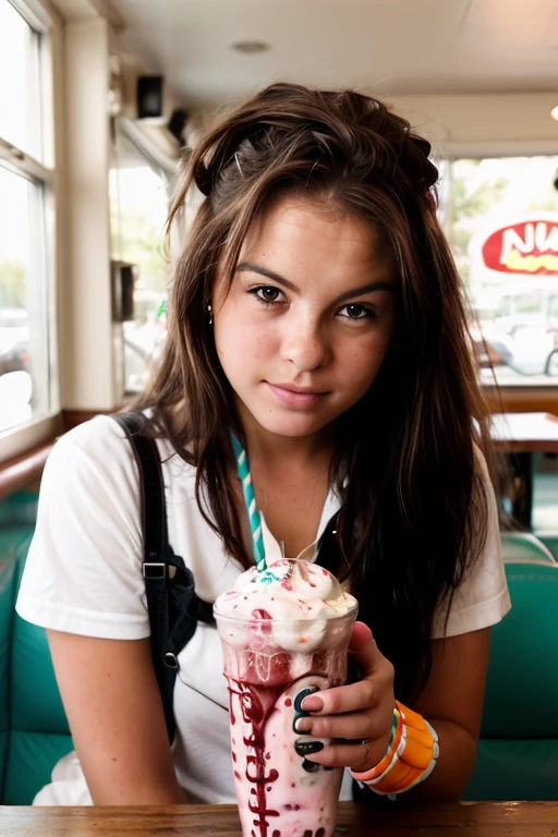 <lora:KariSweets:0.8>, full color portrait of a young woman, having a milkshake in a 50's diner, natural light, RAW photo, subject, 8k uhd, dslr, soft lighting, high quality, film grain, Fujifilm XT3