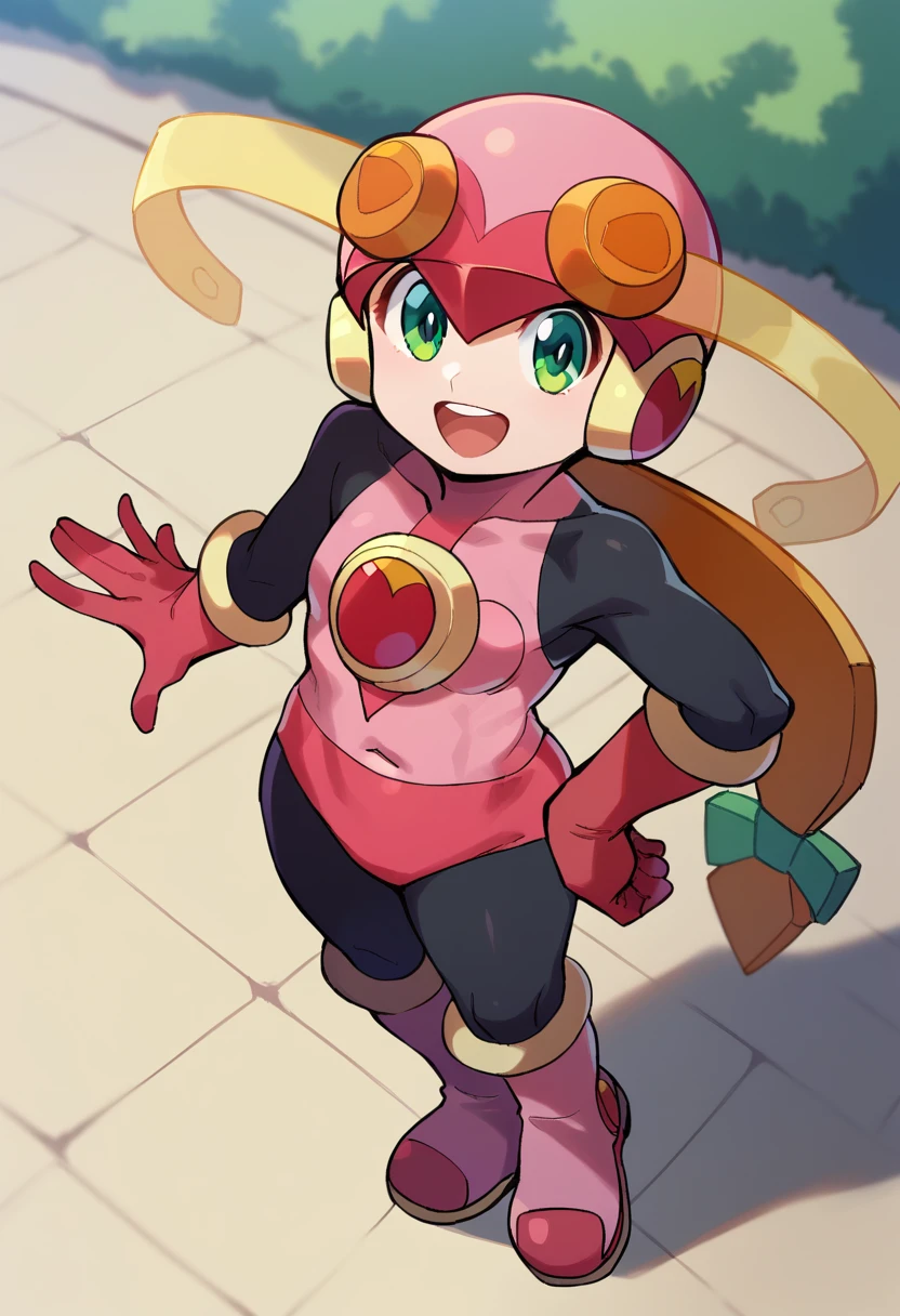 score_9, score_8_up, score_7_up,
<lora:RollexeMaylSakuraiPonybyRR-10:1>, roll.exe_(mega_man), helmet, pink bodysuit, green eyes, long hair, pink gloves, knee boots, pink boots,
high angle shot, 1girl, solo, standing, one hand on hip, smile, open mouth, full body, looking at viewer,
outdoors, street,