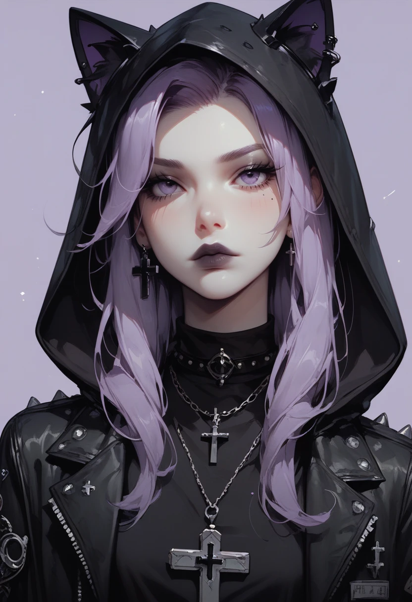 score_9, score_8_up, score_7_up, Goth girl, goth girl 1girl, monochrome, hood up, black pants, spot color, purple hair, black cat, grey background, shirt, purple background, cross, <lora:[GP] somethingweird [Pony XL]:0.2>, <lora:g0th1cPXL:0.3>, <lora:Concept Art Twilight Style SDXL_LoRA_Pony Diffusion V6 XL:0.8>,    <lora:Goth_girl_XL-v2:0.8>