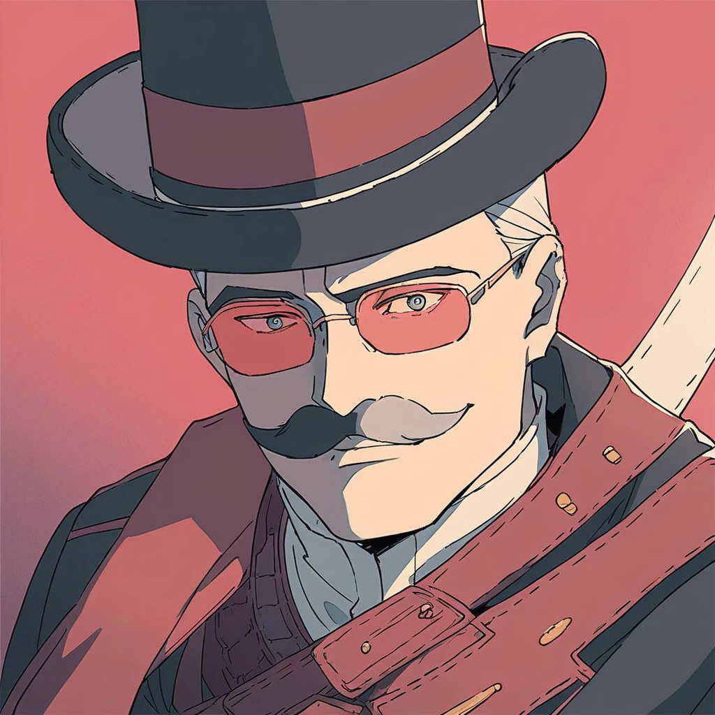 score_9, score_8_up, score_7_up,  <lora:p3t3r:1> p3t3r,1boy,male focus, portrait, medium top hat,source_anime, looking at viewer, mustache,<lora:AnimeOriginalArtStyleShadow_PONYXL_d4a1:1> oamhfs, red theme, monochrome