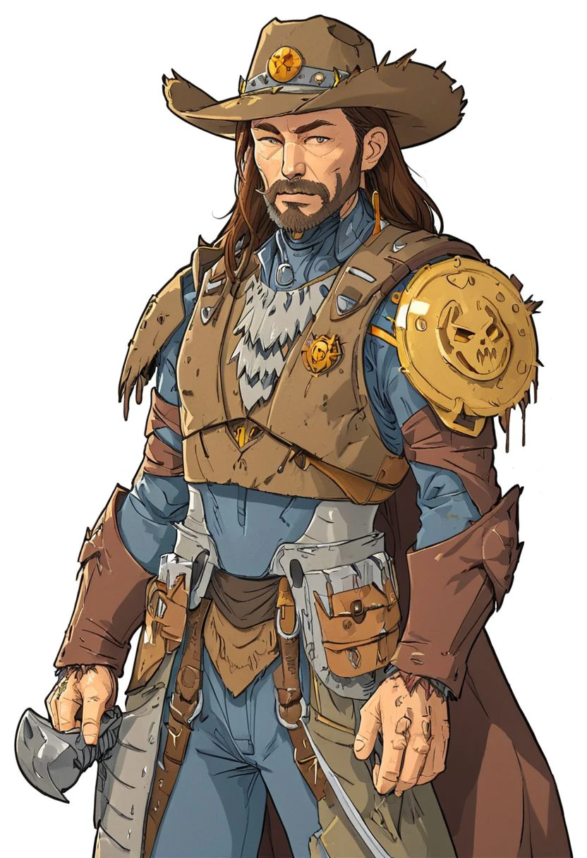 score_9, score_8_up, score_7_up, rating_safe, flat color, 1boy, villain, 45 years old, brown hair, long beard, cowboy hat, tattered survivor clothes, plate armor,