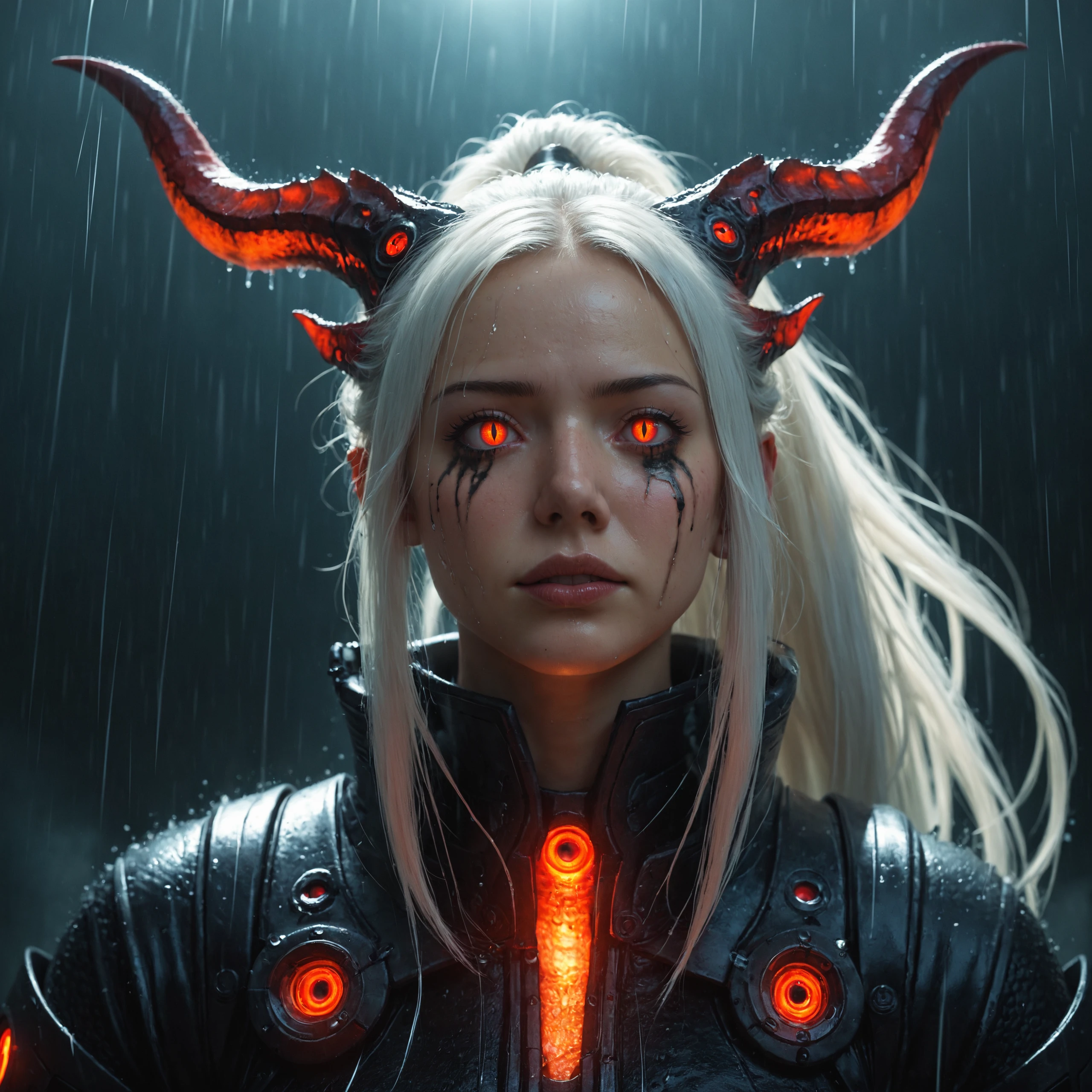 score_9, score_8_up, score_7_up, detailed eyes, 1girl, long hair, circular, iridescent, realistic, source_photo, mechanical, runny makeup, slit pupils, white hair, ponytail, from below, horns, fantasy, cyberpunk, rain, glowing red eyes,, volumetric lighting, depth of field, cinematic, vibrant, shadows, detailed,
