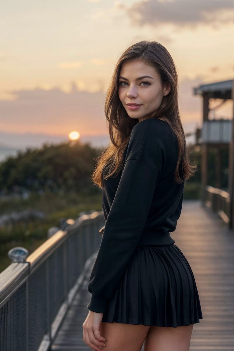 photo of S389_ViktoriiaAliko,a stunning woman,on a (boardwalk:1.1),wearing a (sweatshirt:1.1),(skirt),(sunset),(cityscape),(4k, RAW photo, best quality, 50mm, depth of field, ultra high res:1.1),(intricate, photorealistic, cinematic-shot, masterpiece, ultra-detailed:1.1),