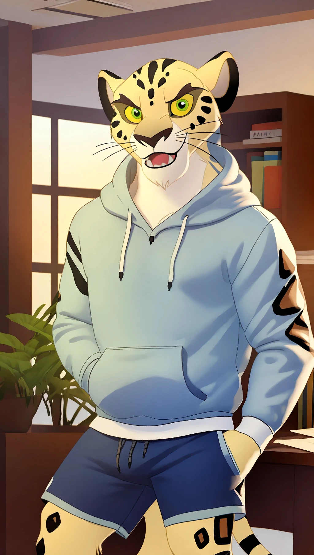 Solo <lora:D58397CFEF:1> anthro, leopard, Makucha,  perfect yellow sclera, perfect green eyes,  male, muscular,  realistic fur, perfect  long tail, in a office, realistic, photorealistic, ultra-realistic, 8k, perfect hands,   perfect  huge paws, perfect  big feet,  hoodie, shorts, by zackarry911, by zaush, (by personalami:0.7) (maple story:0.8), detailed background, excited  smile,  blue shorts, grey hoodie