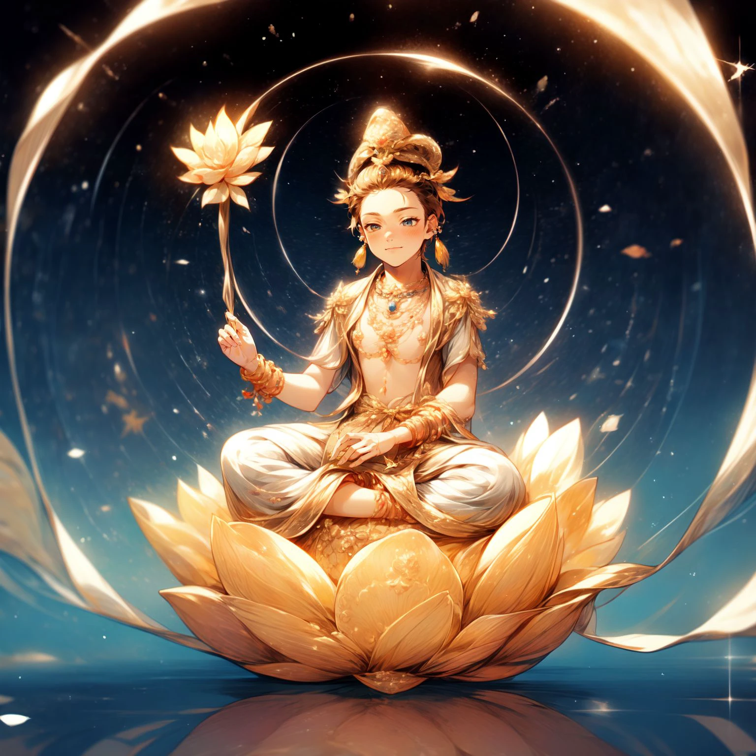 men,Angry and powerful warriors sit on nasturtiums, (((Golden lotus throne))),(((Shirtless:1.1))),(((Bare arms:1.1))),Redness of the skin muscles all over the body,Brunette hair stands on end,(((The man wears a green horse headdress on top of his head))),(((The body has three heads: Left side of the face,Central frontage,Right face))),His eyes widened in anger,Canine teeth exposed,buck teeth,The arm has eight mudras,Take all kinds of metal weapons,There are two hands crossed on the chest,The three hands on the left hold the magic weapon,The three hands on the right hold the magic weapon,perfect hand,perfect foot,Barefoot on both feet,(((The man was dressed in white))),(((white pantie))),(((Head background with round light))),(((Behind it is the sun))),(((Males emit a bright and dazzling golden glow))),There is a large ball of light behind the background of the body,(((bright as the sun))),Head background with halo,The picture is full of fire,Front lighting,Male god of love and peace, indian goddess of wealth, Heavenly Bodhisattva, The art of the male god, A wise male god, Ancient Chinese Male God,photorealestic,professional photoshooting,Realiy,超高分辨率,tmasterpiece