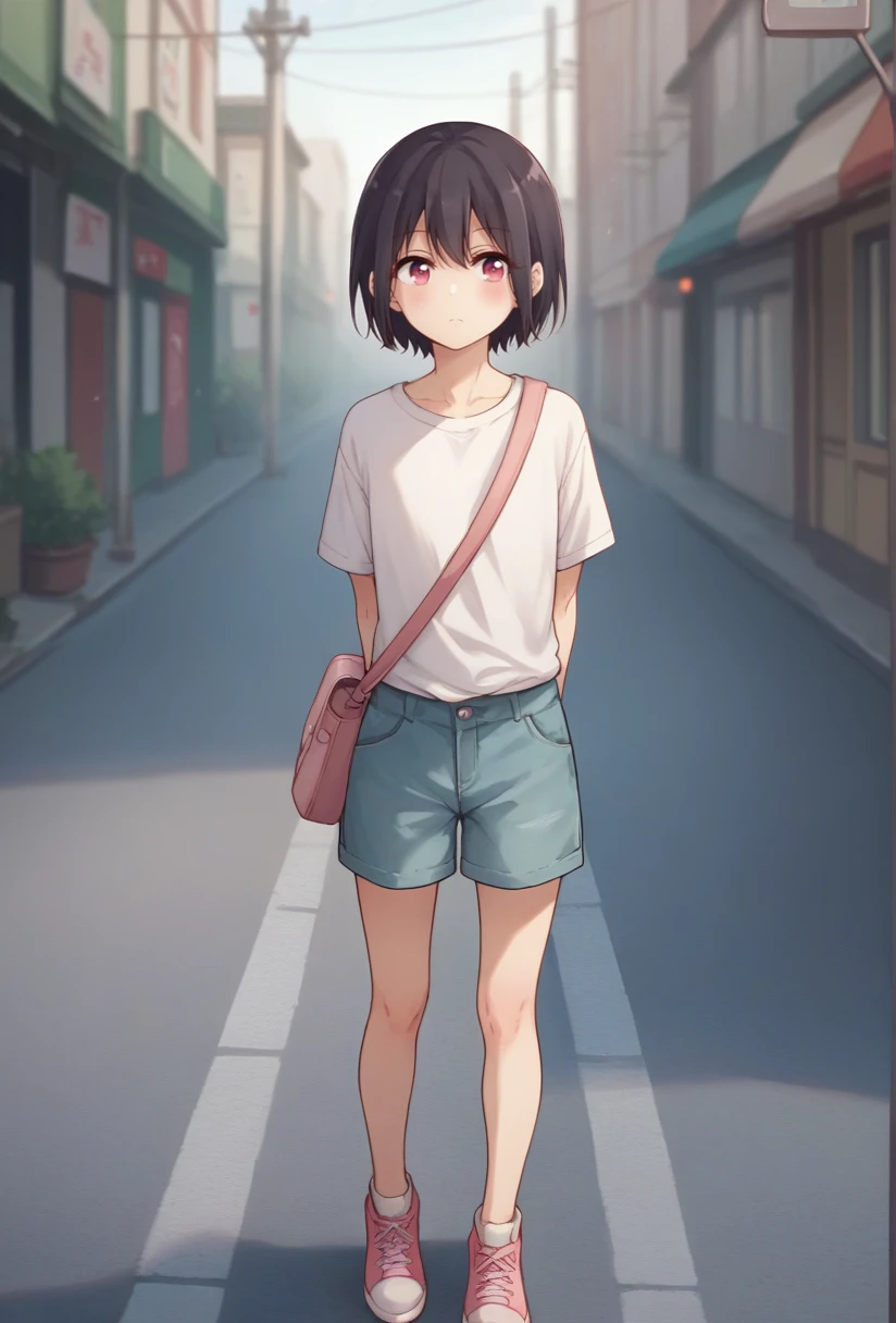 score_9, score_8_up, score_7_up, source_anime, 1girl, solo, hiura, flat chest, black hair, pink eyes, white shirt, shoulder bag, shorts, standing, arms behind back, from front, light smile, outdoors, city, pavement, blurry background, <lora:hiura_SDXL-06:1>