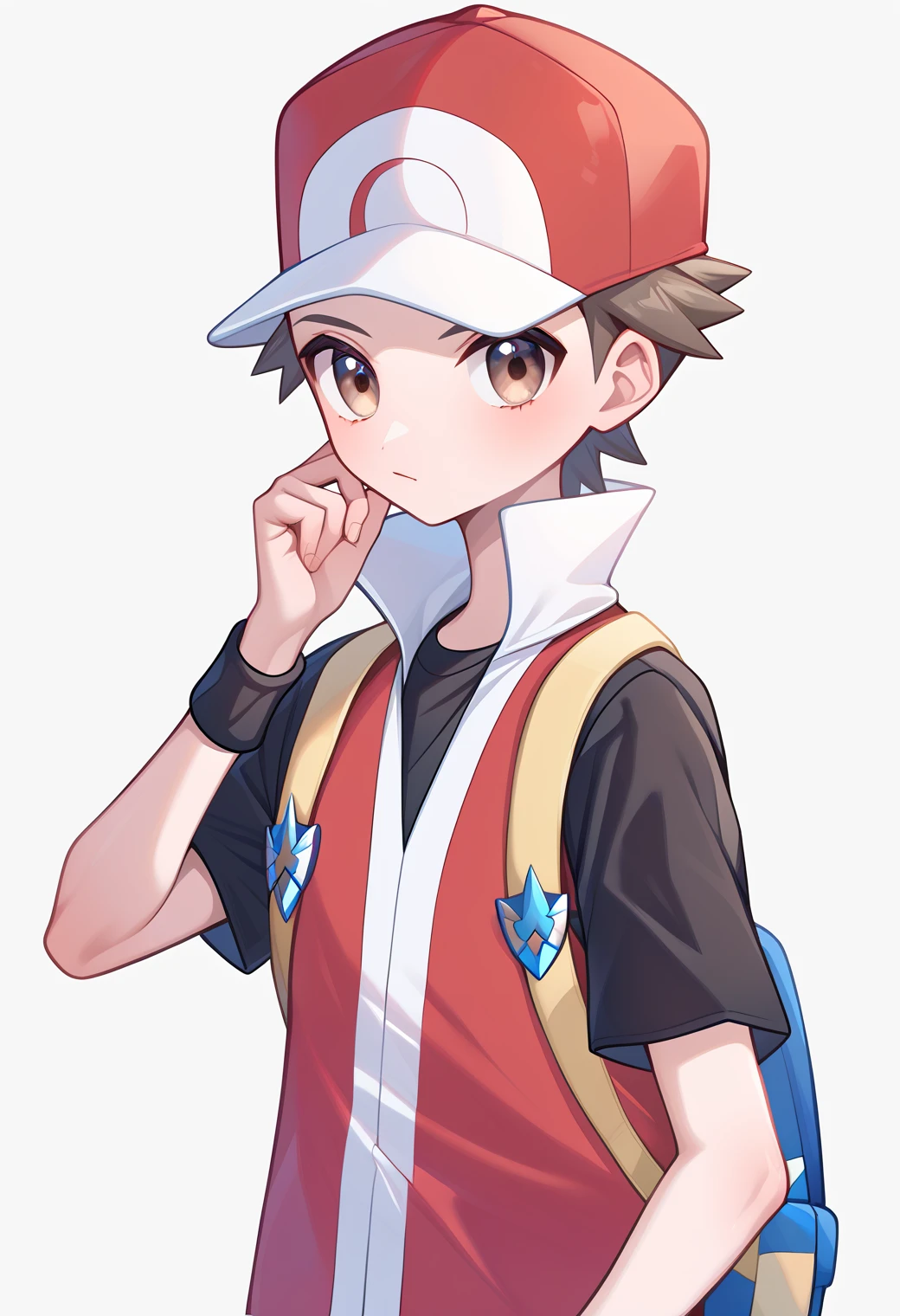 score_9, score_8_up, score_7_up, score_6_up, score_5_up, score_4_up, best quality, amazing quality, best aesthetic, absurdres, solo,Red_pokemon, RED WITH WHITE BASEBALL CAP, BLUE PANTS, BROWN EYES, BROWN HAIR, red vest, BLACK SHIRT, black wristband, sneakers, short sleeves, source_,score_9_up<lora:EMS-353623-EMS:1.000000>