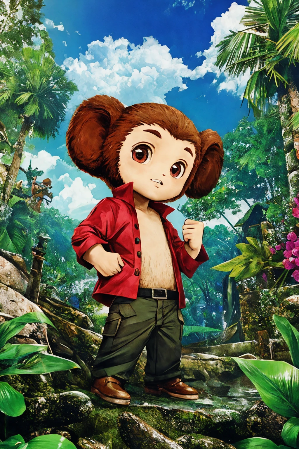 <lora:Cheburashka:0.75> cheburashka, cowboy shot, jungle, rainforest, ruins, chronological, hands clenching into fists, indicating anger or frustration, wavy mouth