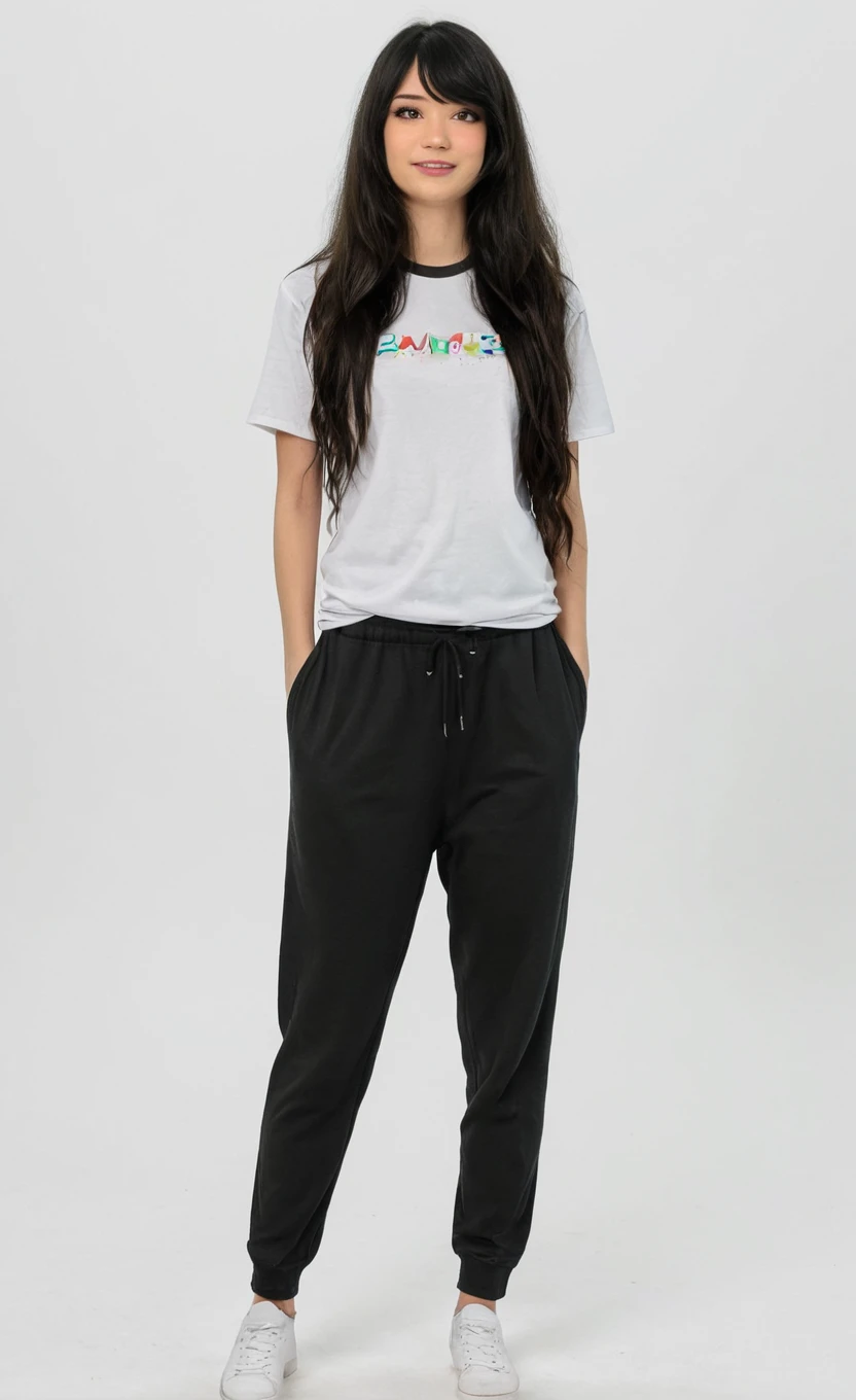 1girl, emirulol, tshirt, simple black pants, simple background, white background, <lora:emiruxl:0.8> emirulolxl