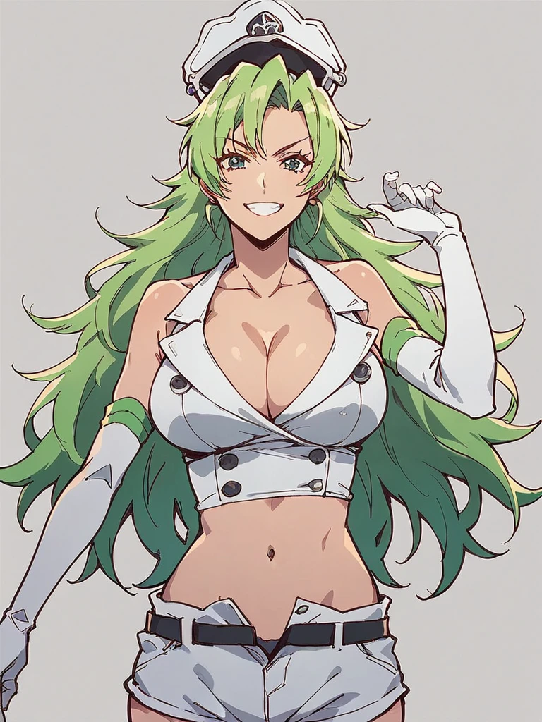 score_9, score_8_up, score_7_up, 1girl, solo, Candice Catnipp, green hair, green eyes, 

grin, looking at viewer,

white crop top, sleeveless, bare shoulders, buttons, cleavage, large breasts, white shorts, short shorts, elbow gloves,  military hat,

simple background,