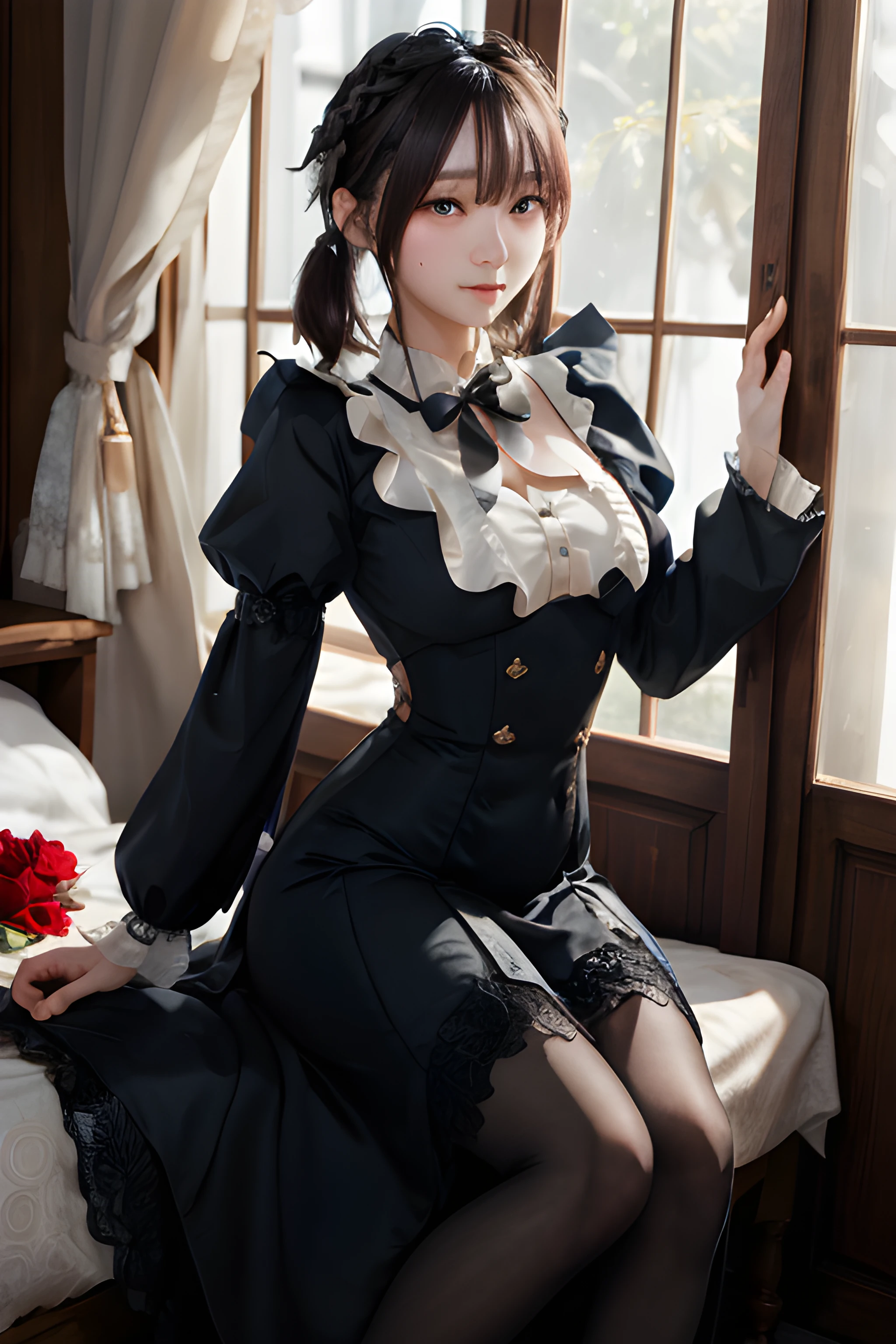 iorm, masterpiece, best quality, 1girl, portrait, closeup, (fully clothes), {royal armor|kimono|formal dress|nun costume|school uniform|maid uniform|office lady}, {cosplay|cat ears|tongue out|smile|twintails|maid headband|flower}