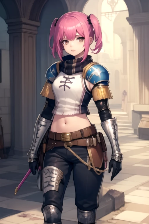 ((masterpiece)),((best quality)),ultra-detailed,illustration,wallpaper,ultra highres,4K,photography,shiny skin,BREAK,1girl,solo only,brown eyes, pink hair, long hair, ponytail, parted bangs, circlet, headband, armor, blue leotard, fingerless gloves, sash, asymmetrical clothes, pantyhose, asymmetrical legwear, armored boots, pink footwear,BREAK,blush smile,in heat,standing,open stance,bottomless,cameltoe,pussy juice stain,BREAK,from forward,cowboy shot,looking at viewer,forest