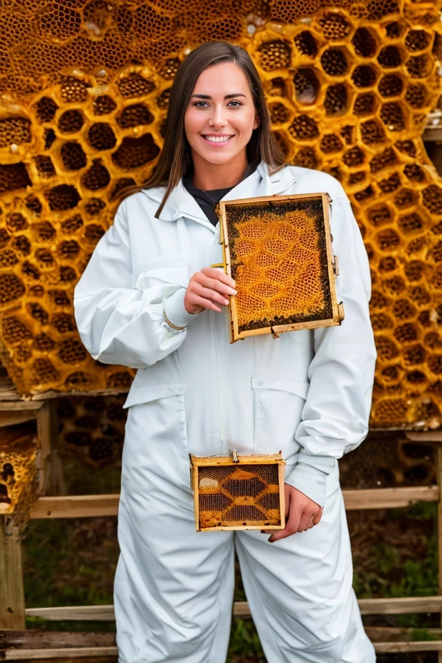 katie britt <lora:politician_002_katie_britt:0.65> face closeup, face focus, shirt, formal, suit, collared shirt, white shirt, jacket,
Wearing a beekeeper suit, standing in an apiary with bee hives around, holding a giant honeycomb, "Honey Pot Funds",
best quality, masterpiece, HDR, professional, studio quality, highres,