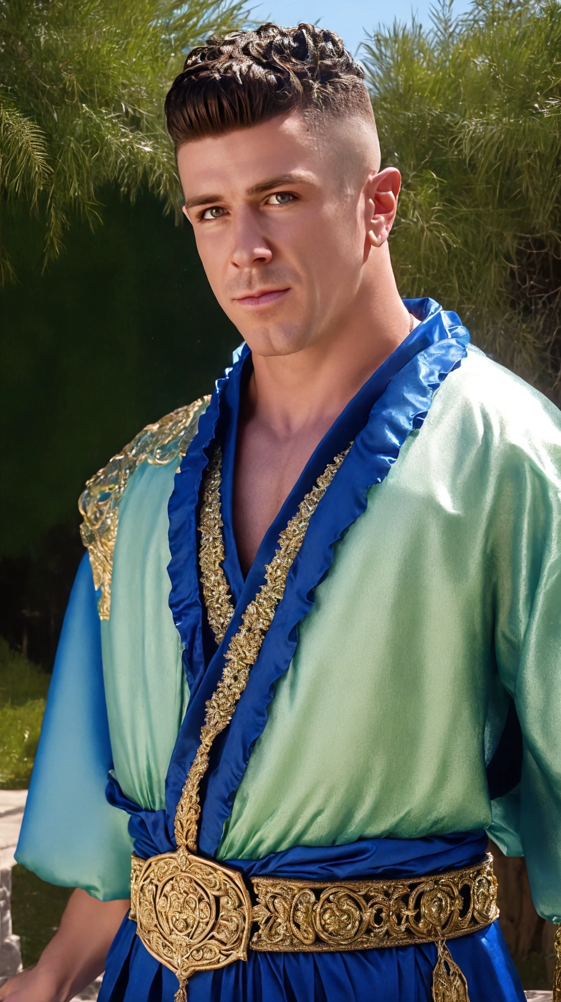 <lora:BulkedUpAIR1.5:0.2>, handsome face, (close up shot:0.7), at outdoor fantasy landscape, (wearing elaborate fantasy robes), (wearing elaborate fantasy shirt:1.2), confident, handsome, (((masterpiece))), (((best quality))), <lora:more_details:0.1>, large pectorals, big muscles:0.5, male, lower color saturation:1, lower contract color:1, TrentonDucati, <lora:TrentonDucati (1):1>