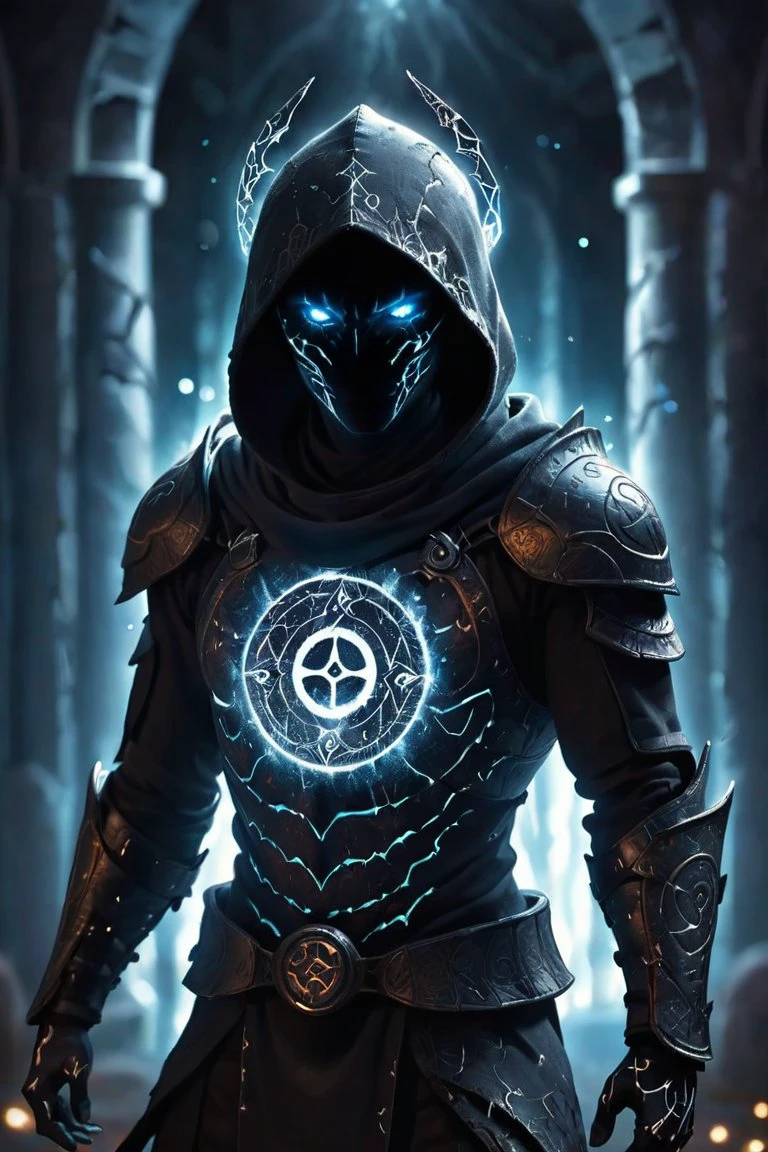 A dark ghostly male silhouette. Messenger of Gaa. Cracked skin. light armor. Cracked armor. Canvas hood. Runic circle. Elements. Power from inside. Glowing eyes. Bokeh blur. ral-dissolve.BadDream photorealistic,