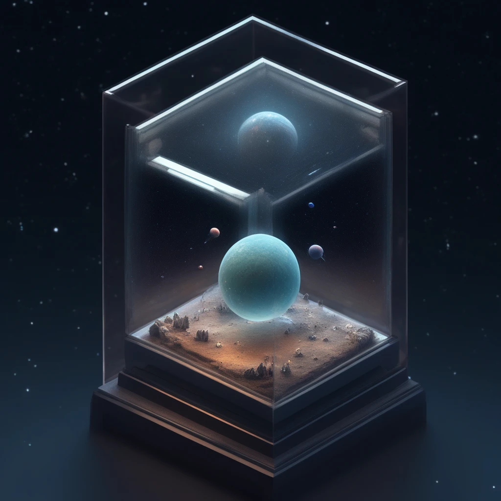 ispzxll, no humans, planet, space, star (sky), scenery, isometric, miniature, diorama, glass case,