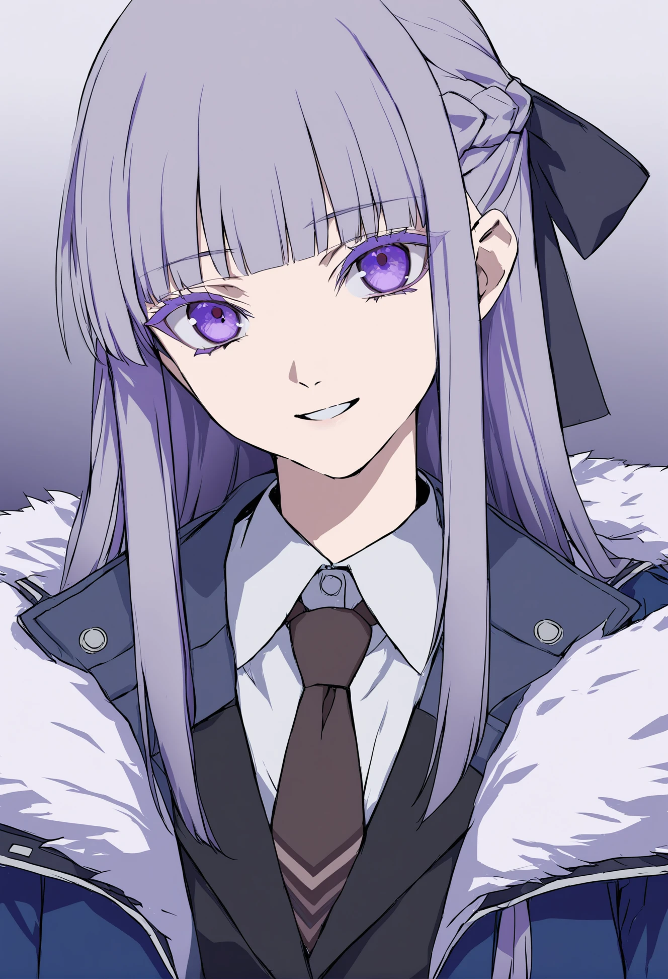 masterpiece, best quality,
1girl,
kirigiri kyouko, solo, necktie, shirt, long hair, bangs, ribbon, braid, hair ribbon, jacket, collared shirt, looking at viewer, black jacket, purple eyes, upper body, white shirt, open clothes, open jacket, side braid, parted lips, purple hair, grey background, grey shirt, black ribbon, brown necktie, blunt bangs, collared jacket, sidelocks, gradient background, realistic, simple background, asian, purple theme, single sidelock, fur trim, fur-trimmed jacket, blue jacket, smile, colored eyelashes
<lora:hakuhiruoeoeXLlokr-000056:1>