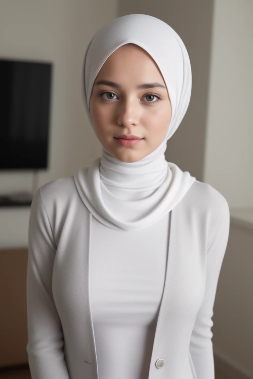 1girl at the living room, indoor, looking at viewer, hourglass body, (wearing a turtleneck t-shirt with a blazer, long sleeves:1.5), wearing (White:1.8) <lora:h_hijaberV2:0.75> (pashmina hijab, hijab style:1.5). (upper body:1.3), depth of field, 
RAW, masterpiece, RAW candid cinema, 4k, 8k, 8K UHD, remarkable color, cinematic shot, film grain, realistic, ultra realistic, best quality, high resolution, high detail, ultra detail, hyper detailed, intricate detail, cold temperature