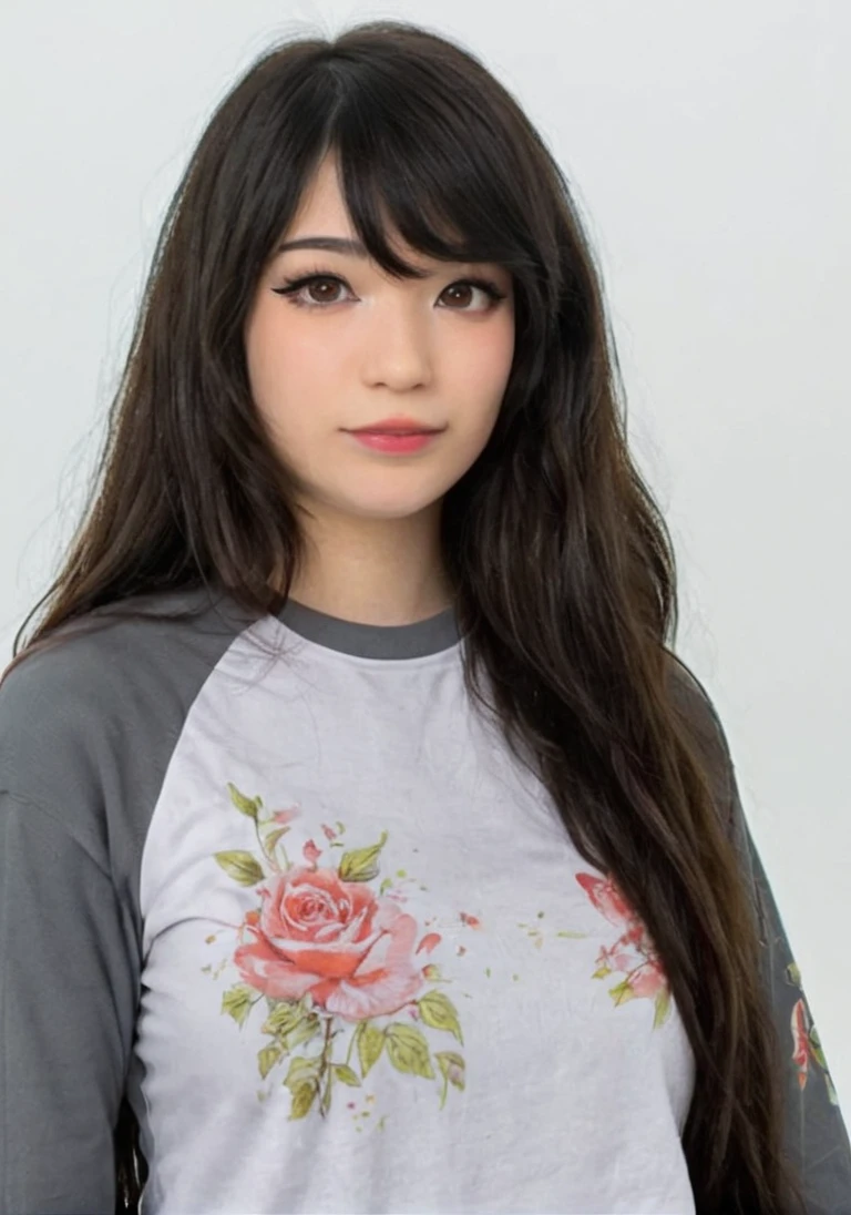 1girl, emirulol, ((headshot)), flowered tshirt, long sleeves, simple background, white background, <lora:emiruxl:1> emirulolxl