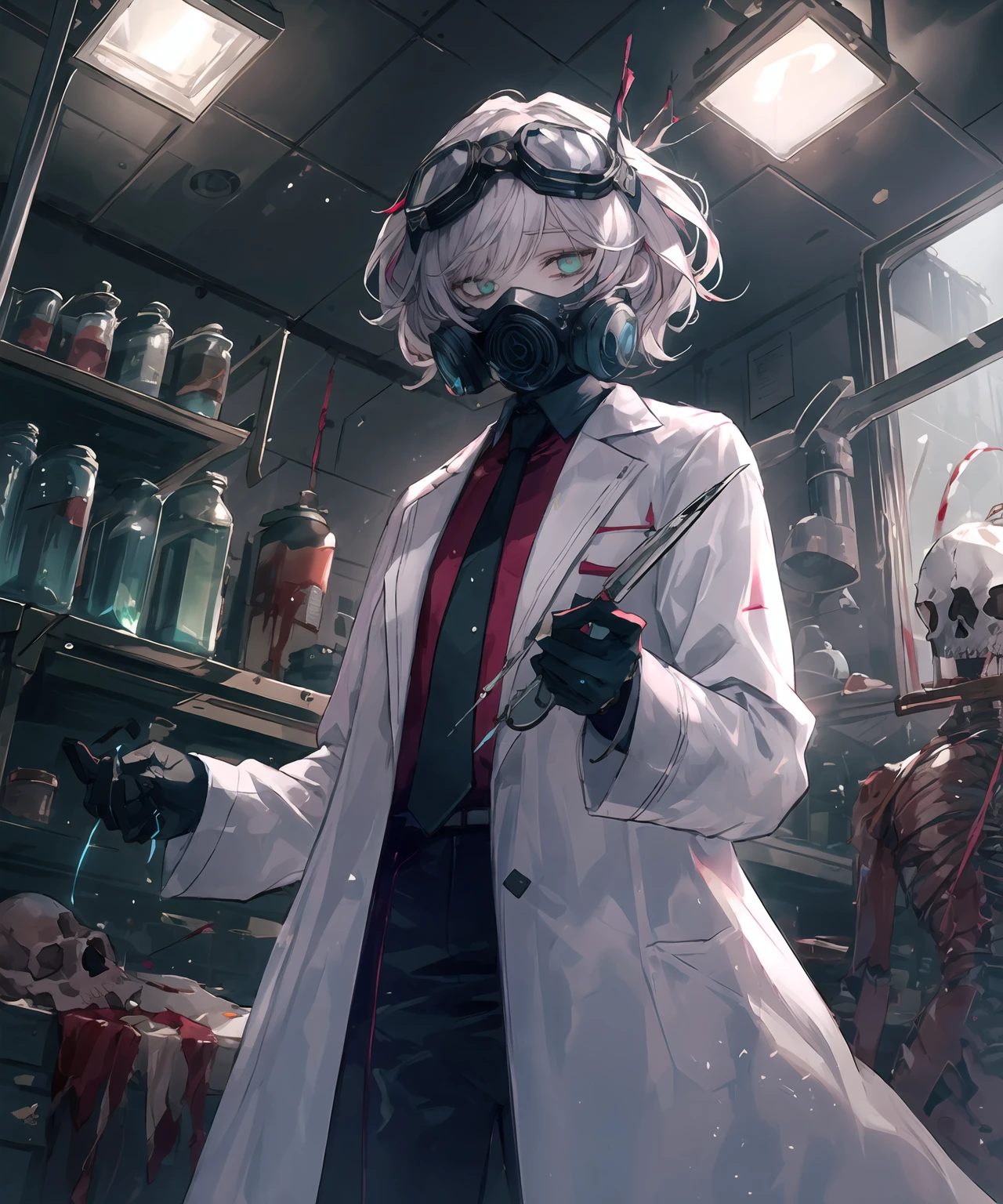masterpiece,best quality,highres,cinematic lighting,dramatic angle,1girl,<lora:ShadowverseSephieV1:0.8:lbw=jiangshi3>,white hair,green eyes,hair ornament,goggles,lab coat,black suit,necktie,holding operating knife,operating room,depth of field,looking at viewer,shaded face,(glowing eyes,:1.2),organs,blood and guts,mask,blood,cowboy shot,<lora:backlight_slider_v10:-1>,<lora:flat2:-0.5>  ,skull,corpse