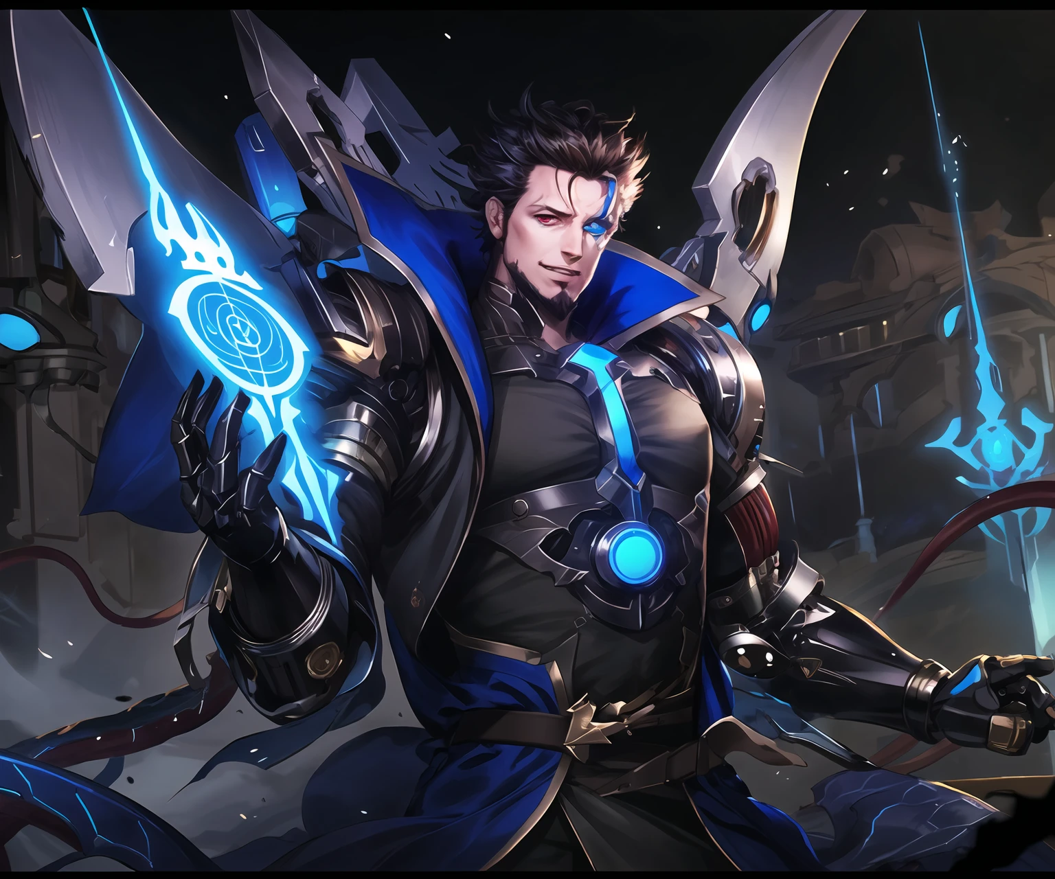 masterpiece,best quality,highres,cinematic lighting,dramatic angle,1boy,<lora:ShadowverseBelphometV3:0.8>,heterochromia, red eyes,blue eyes,black hair,pointy hair,blue jacket,belt,black suit,necktie,,mechanical arms,mechanical parts,mechanical tentacles,wire,electricity,evil smile,teeth,looking at viewer,glowing particles,<lora:flat2:-0.5> ,<lora:add_detail:0.2> ,cyborg,depth of field,magic,circlet,shaded face,glowing eyes, ribbon,cowboy shot,destruction,dust and ash,floating objects,robots,