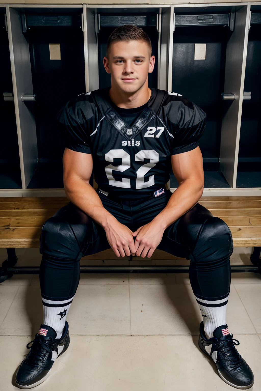 locker room, sitting on a bench, in front of lockers, slightly smiling, KirkM is an (American football player), wearing (football uniform:1.3), (black jersey:1.3), (shoulder pads), (jersey number 27),  (black football pants:1.3), (long white socks), (white sneakers), (((full body portrait))), wide angle  <lora:KirkM:0.8>