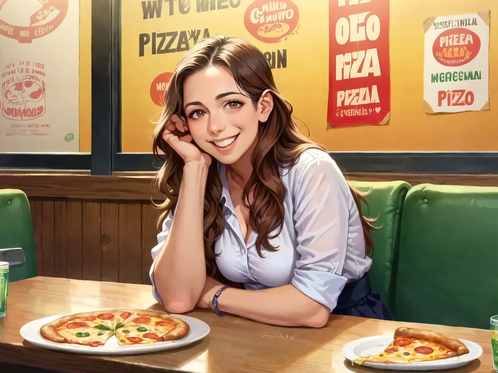<lora:LauraBailey:1> lrbly, 1girl, brown hair, looking at viewer, long hair, brown eyes, anime screencap, medium breasts, smile,
indoors, restaurant, sitting at desk, pizza slice,
ponypositive,, score_9, score_8_up, score_7_up, score_6_up, score_5_up, score_4_up,
