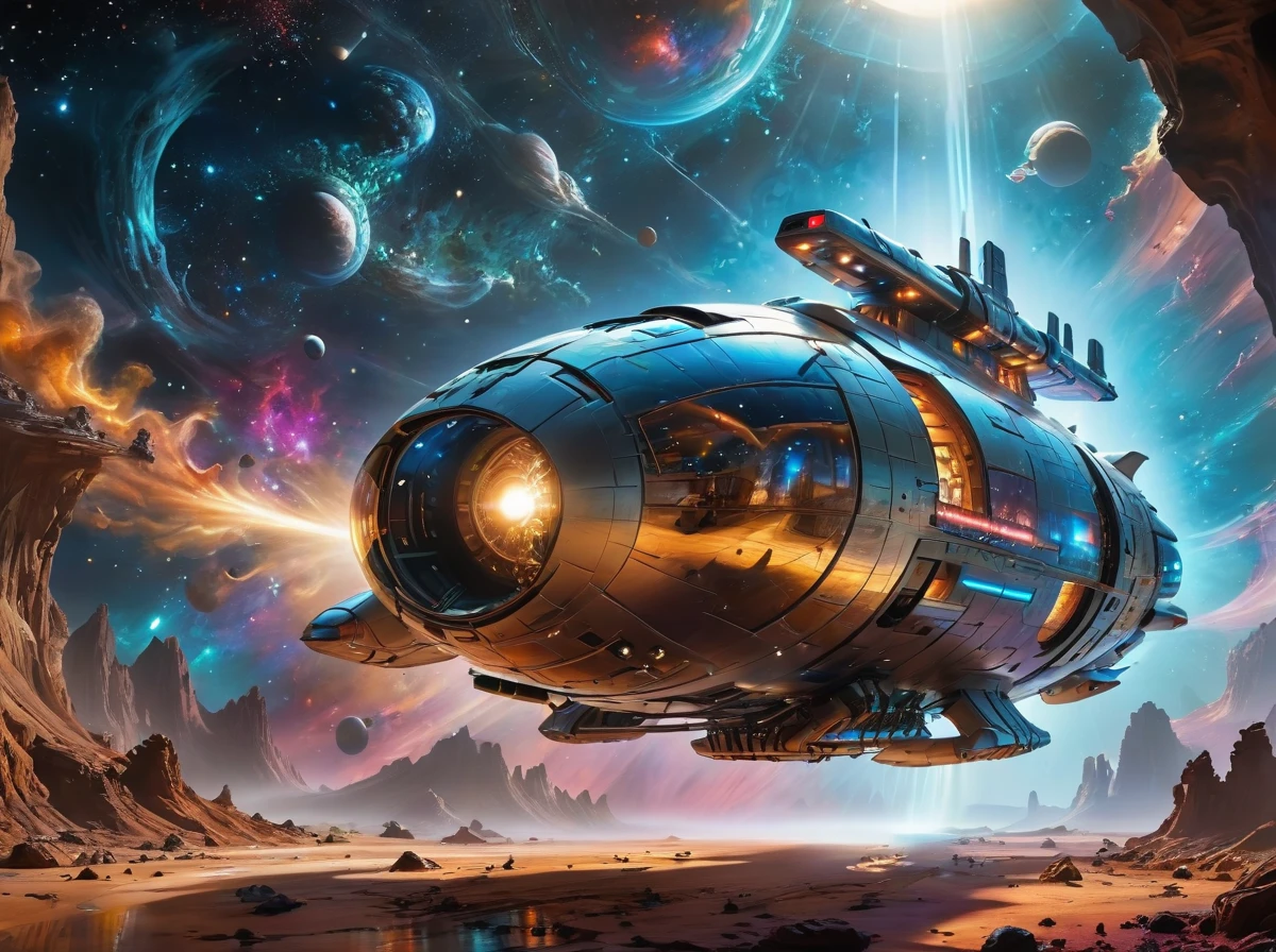In this captivating and thought-provoking scene,a space vessel of surrealistic and futuristic design floats serenely against the backdrop of an expansive cosmic canvas. The spaceship is bathed in ethereal,otherworldly light that emanates from within its vibrant structure,casting long,intricate shadows on the surrounding vacuum. Its form defies conventional logic,merging organic curves with angular lines,creating a harmonious blend of fluidity and precision