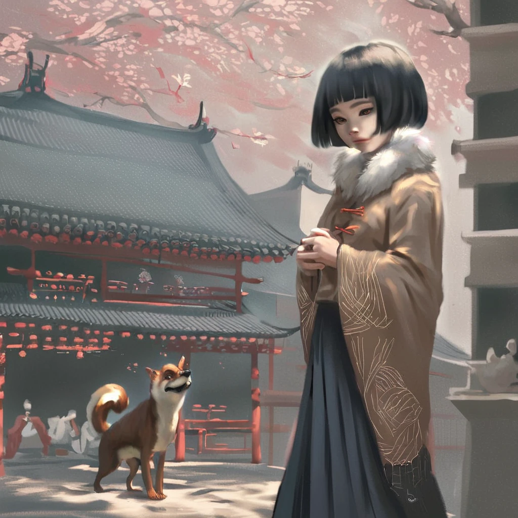 <lora:Wlop_Style_PonyXL:0.7>, wlop, by wlop, score_9, score_8_up, score_7_up, score_6_up, score_5_up, score_4_up, source_anime, source_furry, rating_explicit, architecture, black hair, blunt bangs, brown eyes, building, chipmunk, dog, east asian architecture, facing viewer, fur collar, ghostblade, highres, lips, long skirt, short hair, skirt, solo focus, squirrel
