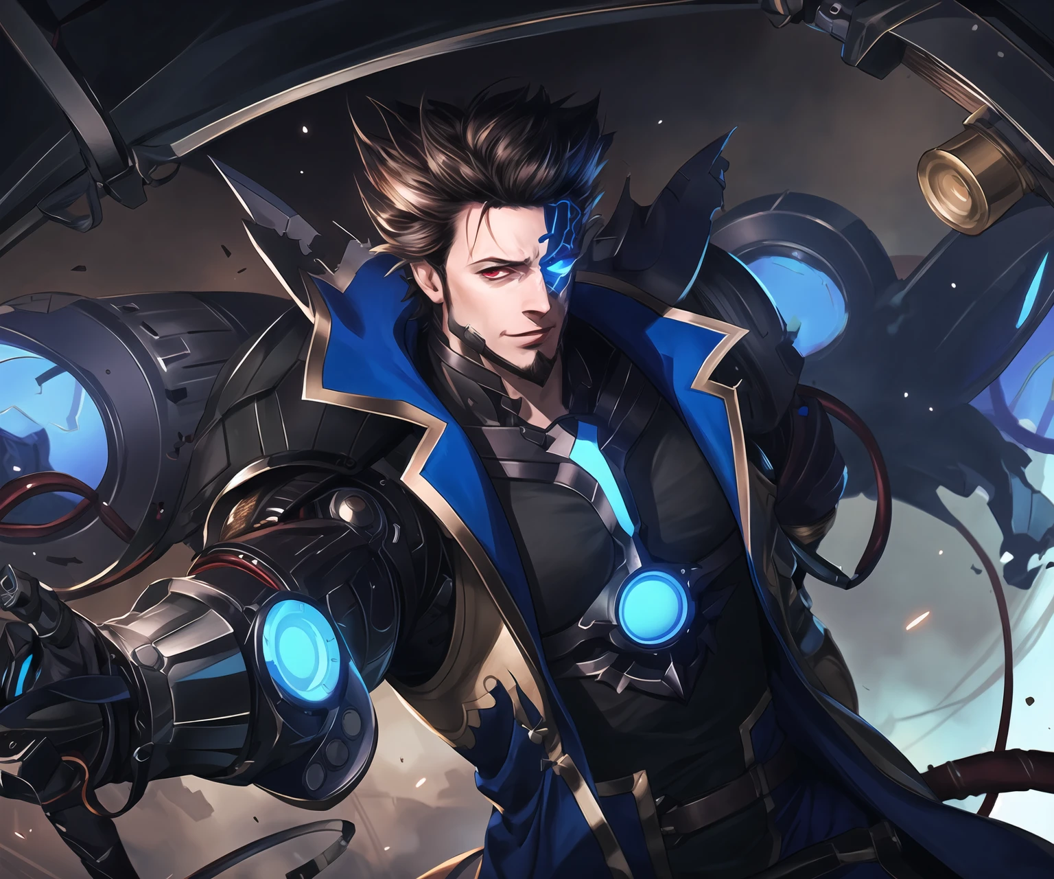masterpiece,best quality,highres,cinematic lighting,dramatic angle,1boy,<lora:ShadowverseBelphometV3:0.8>,heterochromia, red eyes,blue eyes,black hair,pointy hair,blue jacket,belt,black suit,necktie,,mechanical arms,mechanical parts,mechanical tentacles,wire,electricity,evil smile,teeth,looking at viewer,glowing particles,<lora:flat2:-0.5> ,<lora:add_detail:0.2> ,cyborg,depth of field,magic,circlet,shaded face,glowing eyes, ribbon,cowboy shot,destruction,dust and ash,floating objects,robots,