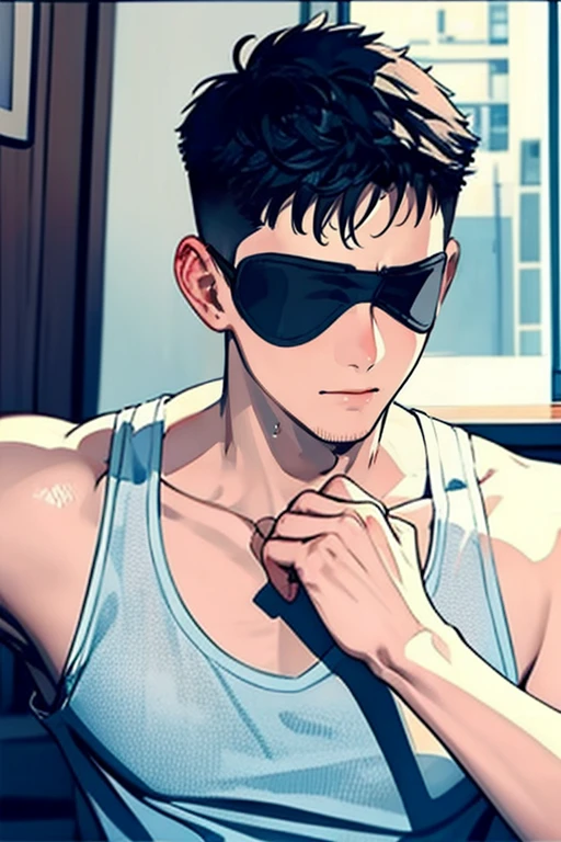 sexy eyepatch, 1boy, male focus, solo, realistic, black hair, tank top, white tank top, short hair, indoors, upper body, closed mouth <lora:sexy eyepatch:0.6> <lora:kk-1boy:0.5>