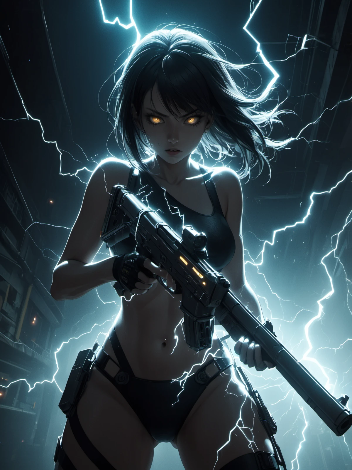 cyberpunk, woman shooting mad-lgthng lightning ghost from gun, dramatic lighting, cinematic shot  <lora:Lightning_SDXL:0.6>, (masterpiece:1.2), best quality